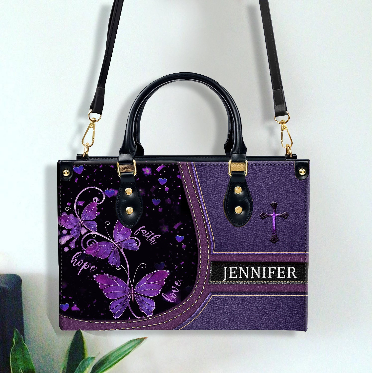 Faith Hope Love Purple Bag Personalized Leather Handbag Bags, Gifts for Women