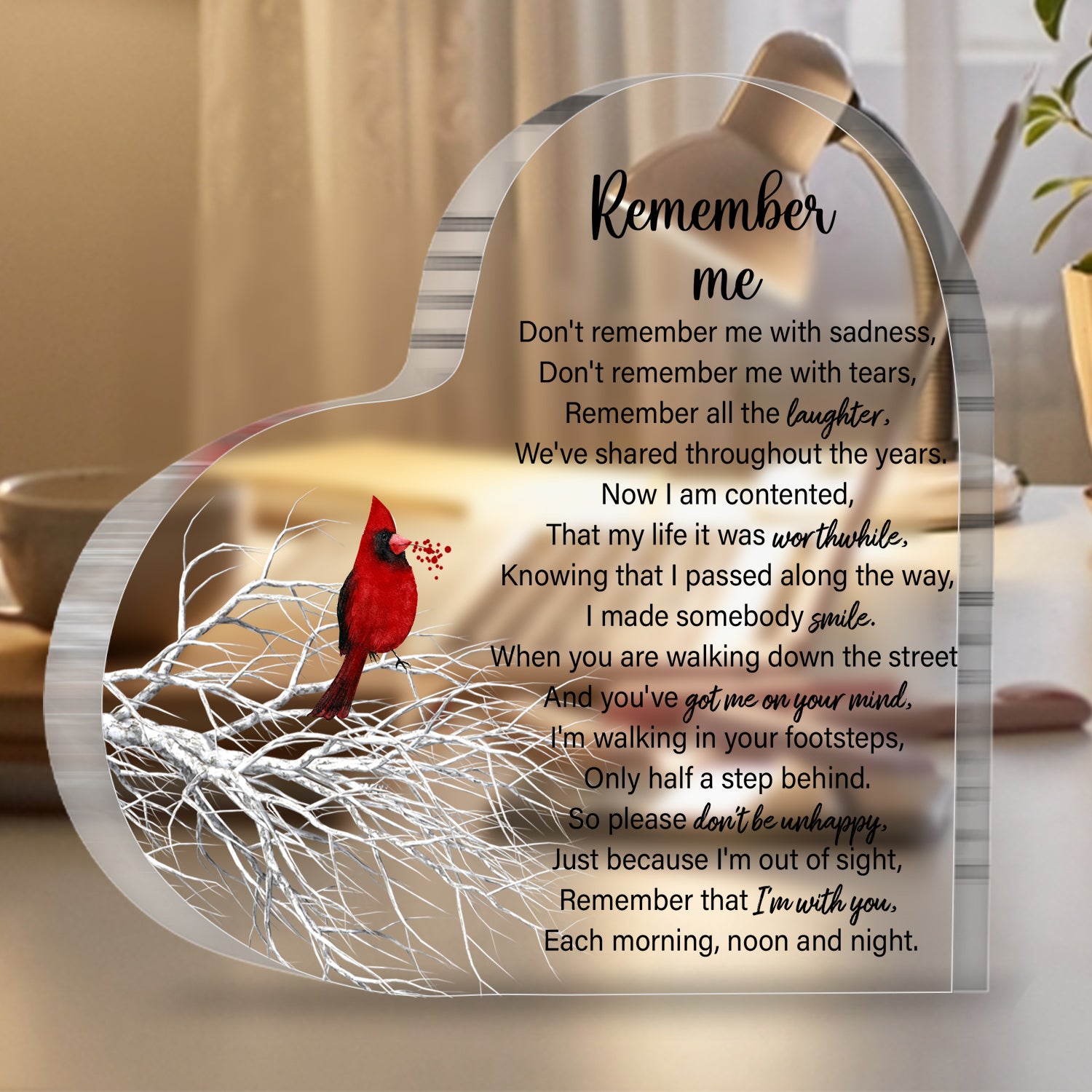 Remember Me Memorial Gifts Sympathy Gifts Red Cardinal Memorial Bereavement Acrylic Heart Plaque Condolence Gifts in Memory of Loss of Loved One