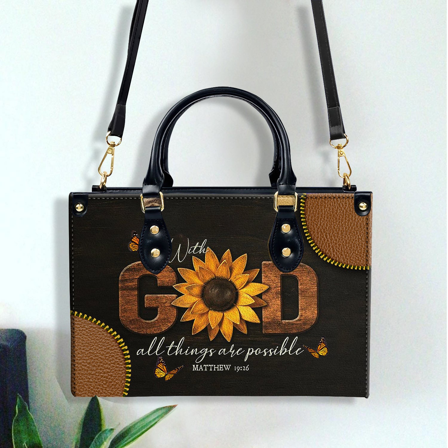 Sunflower All Things Are Possible Zippered Leather Handbag With Handle Christian Gift Religious Gift For Women