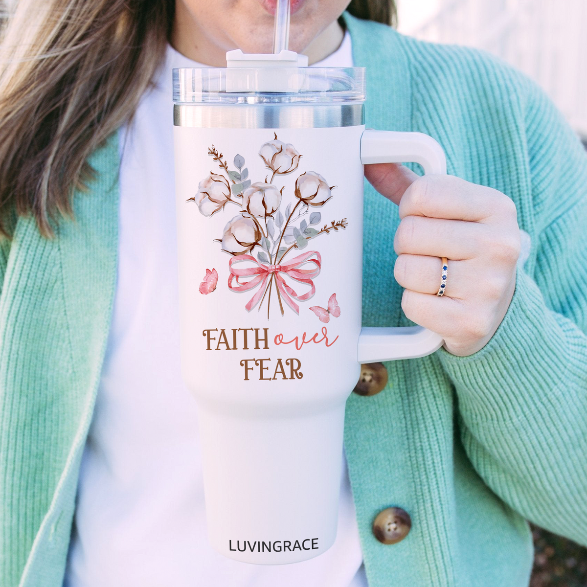 Floral Faith Over Fear Inspirational Gifts for Women Friends 40Oz Tumbler