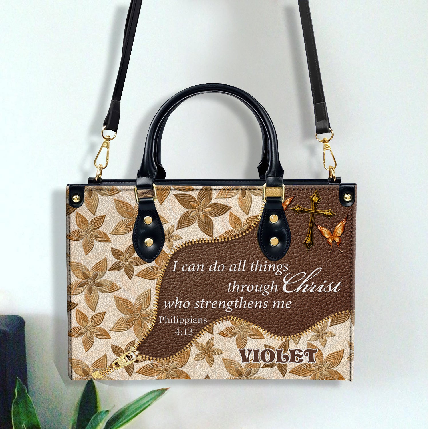 I can do all things Personalized Zippered Leather Handbag With Handle Christian Gift Religious Gift For Women