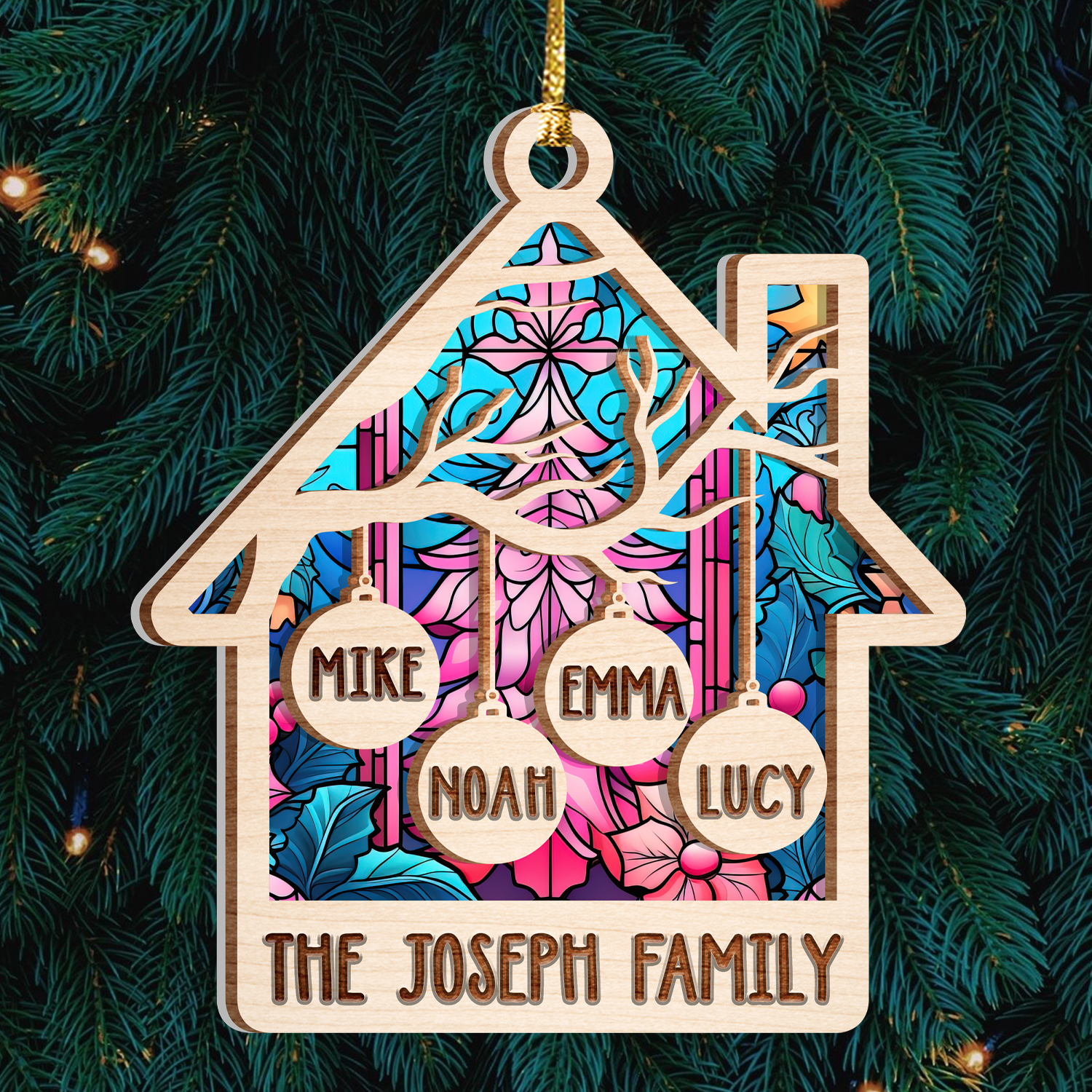 Home Family Christmas Tree Custom 2 Layers Stained Glass Suncatcher Christmas Car Hanging Wooden Ornament
