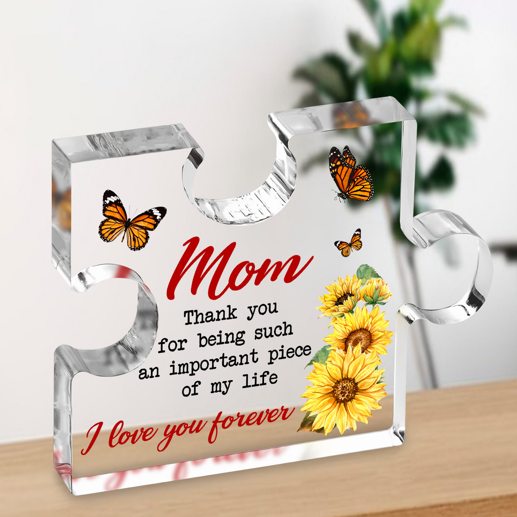 Sunflower Butterfly I Love You Mom Acrylic Block Puzzle Plaque