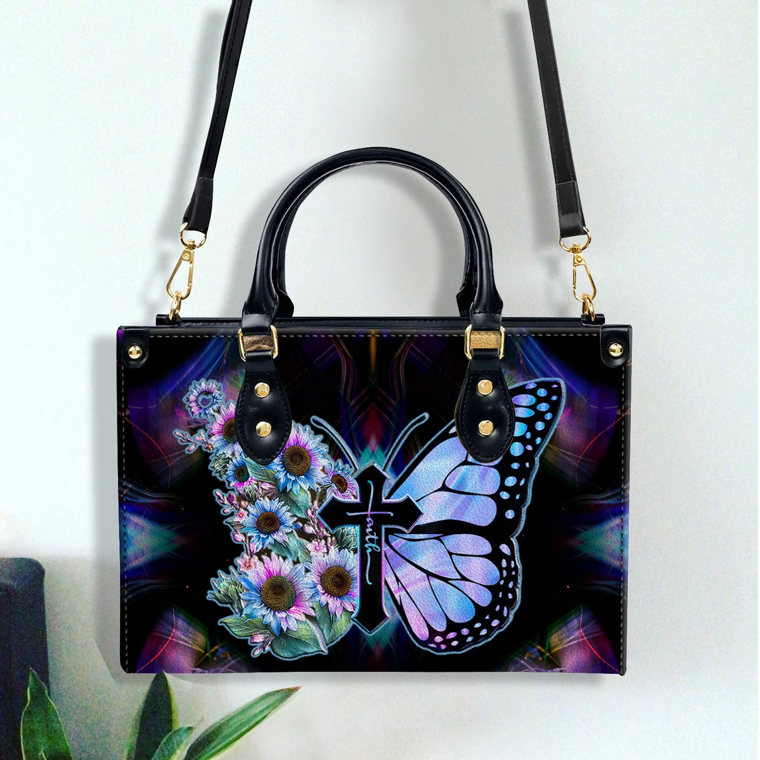 Faith Cross Butterfly Leather Handbag With Handle Christian Gift Religious Gift For Women