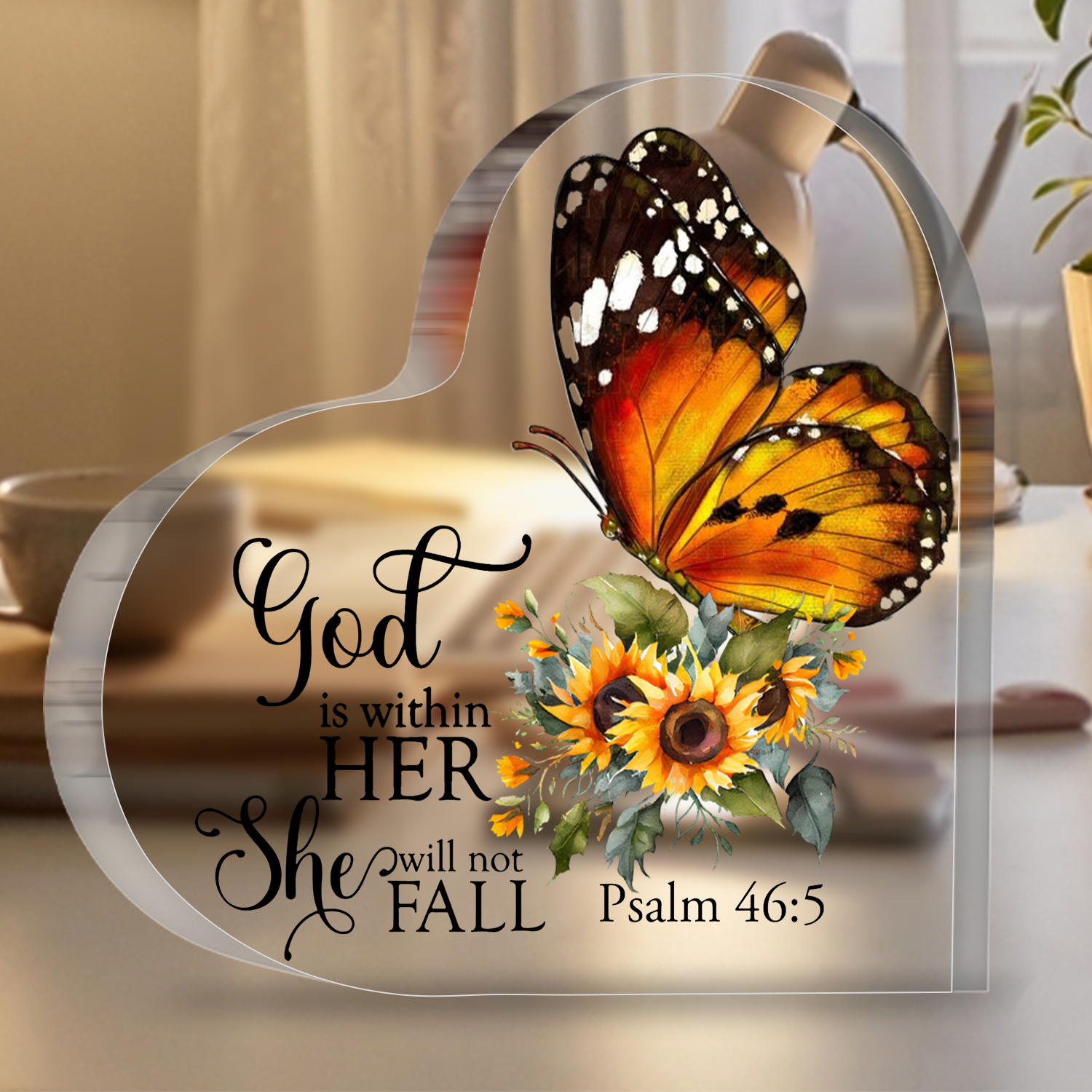 She Will Not Fall Butterfly Heart Shaped Acrylic Plaque Christian Gifts Religious Gifts Inspirational Gifts with Bible Verse Prayers