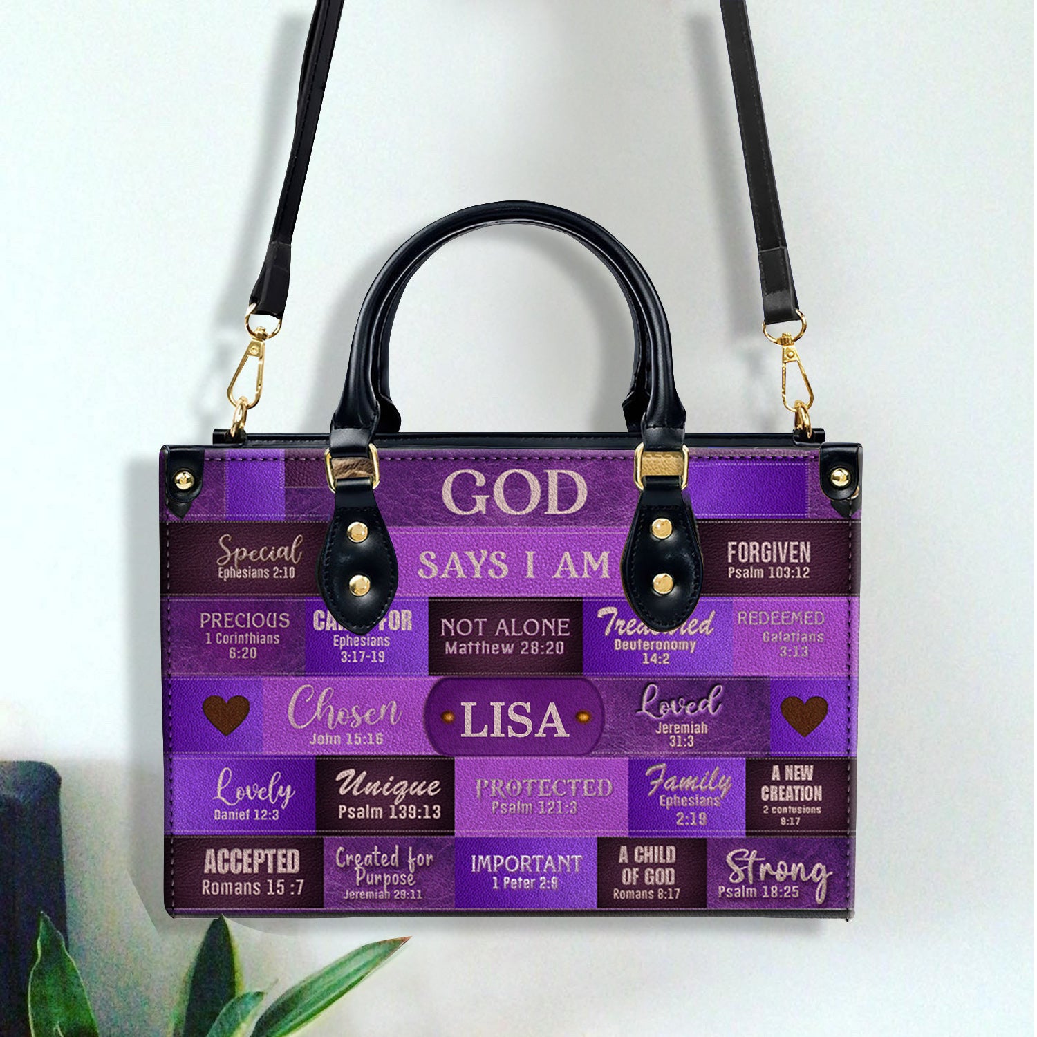 God Says I Am Purple Personalized Leather Handbag Bags, Gifts for Women