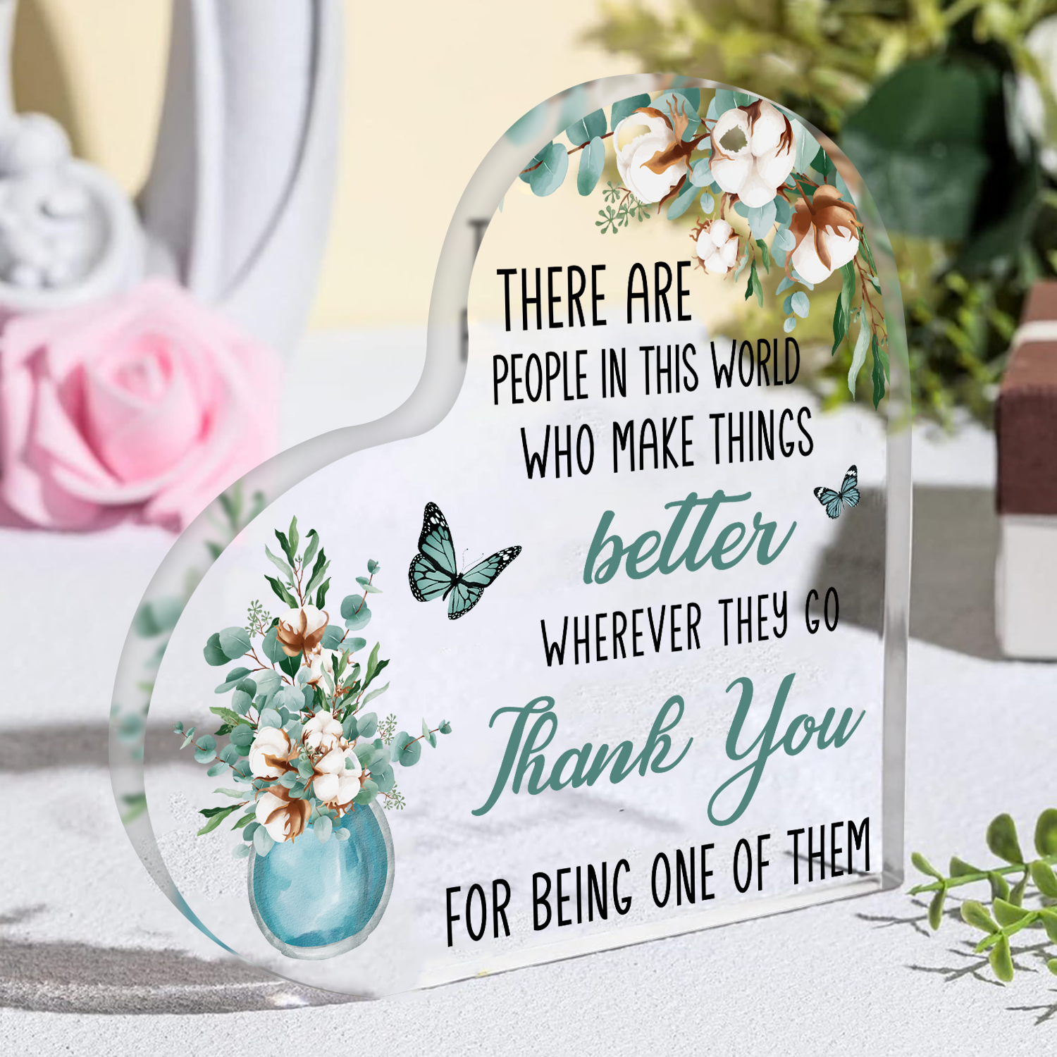 Blue Floral Thank You Acrylic Plaque Heart Shaped Gifts