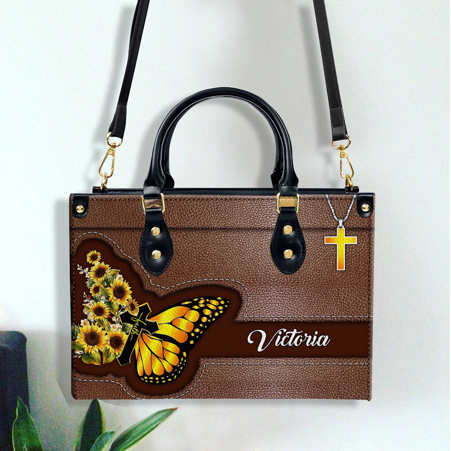 Sunflower Butterfly Personalized Leather Handbag With Handle Religious Gifts For Christian Women