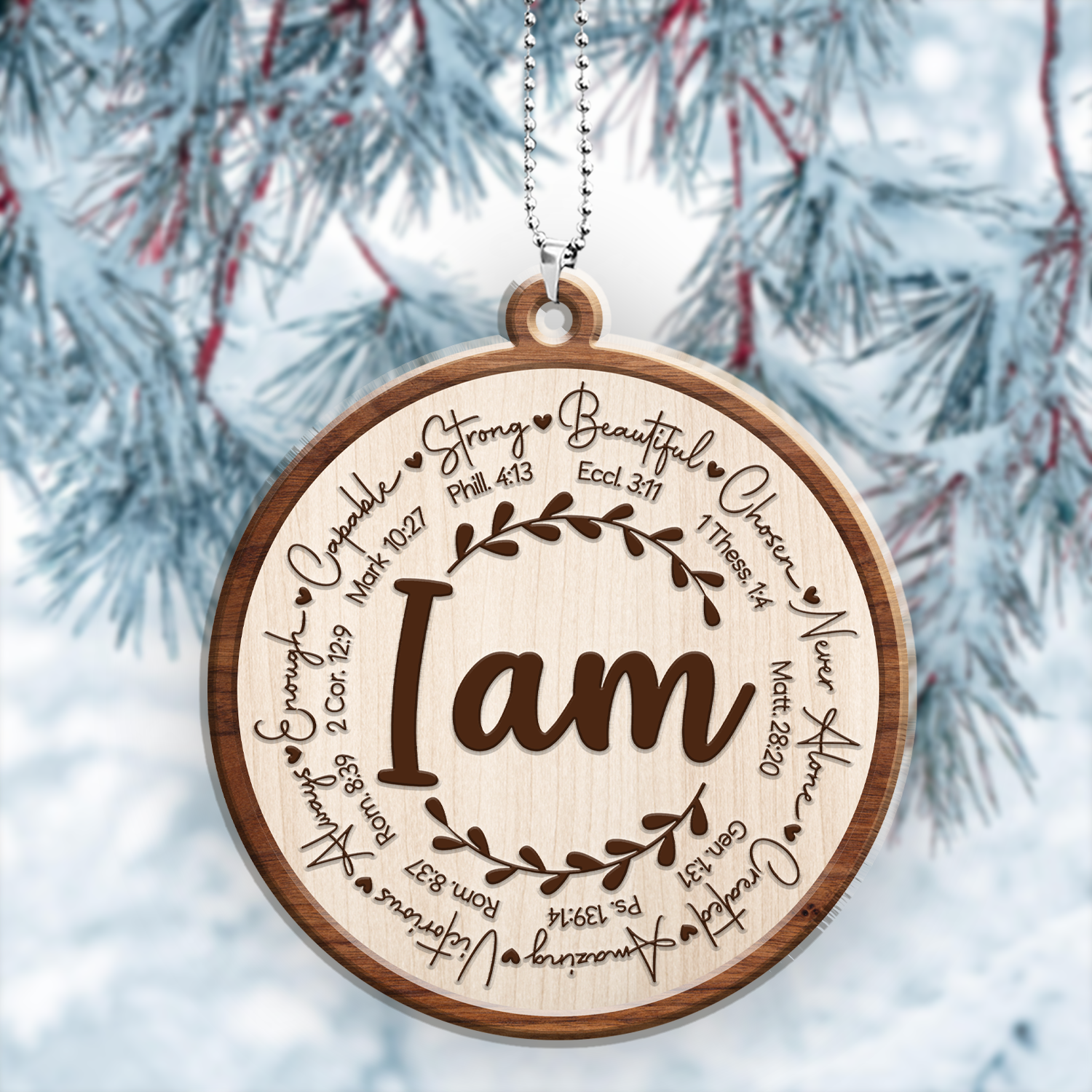 Engraved Wood Ornament I Am Identity In Christ Circle Leaf Vintage Ornament