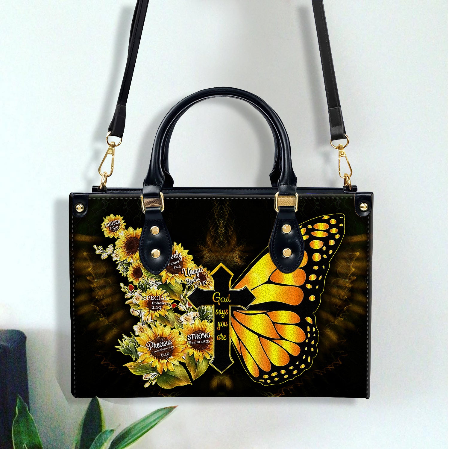 Yellow Butterfly Sunflowers You Are Leather Handbag With Handle Christian Gift Religious Gift For Women