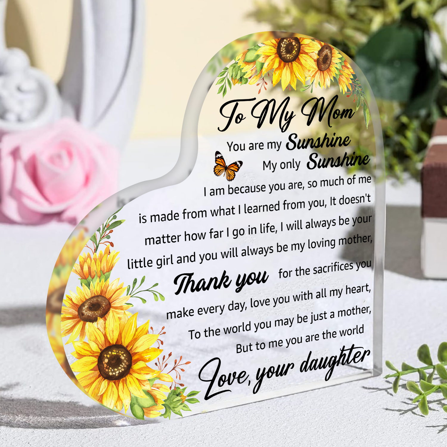 Sunflower To My Mom Acrylic Plaque Heart Shaped Gifts