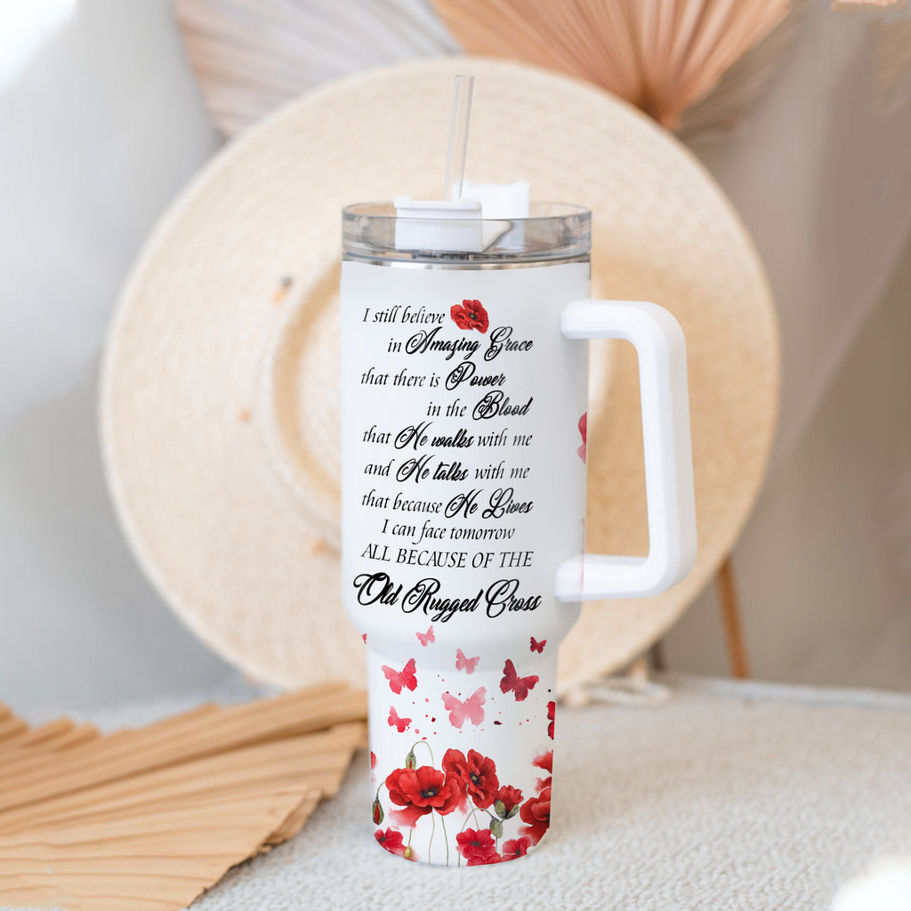 Poppy flower Old rugged cross - 40 Oz Tumbler With Handle - Personalized Stainless Steel Tumbler