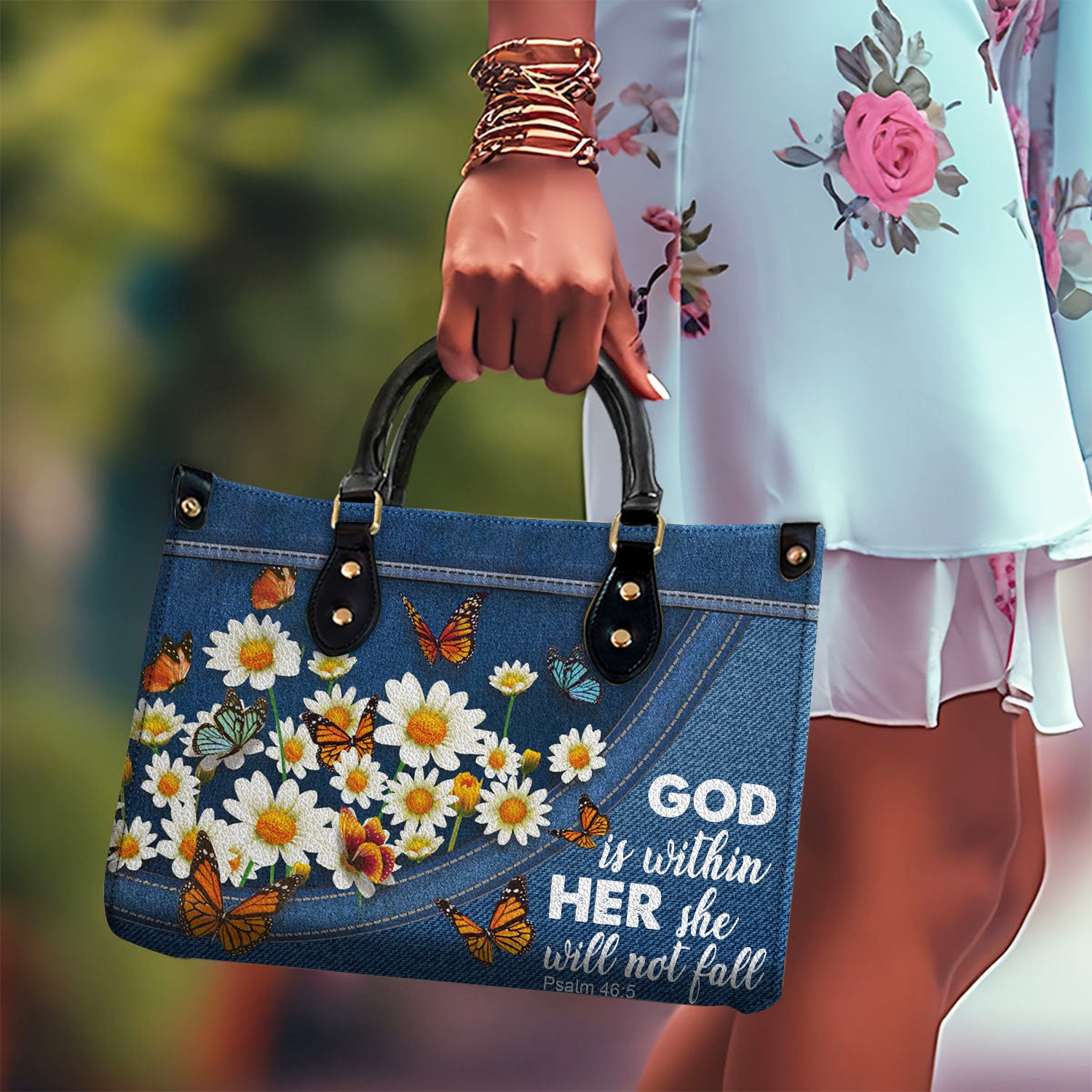 Daisy Garden She Will Not Fall Personalized Zippered Leather Handbag With Handle Christian Gift Religious Gift For Women