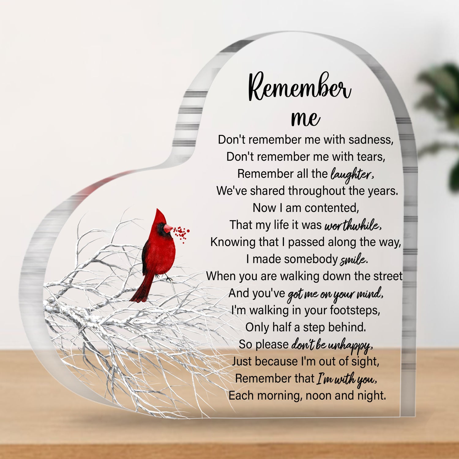 Remember Me Memorial Gifts Sympathy Gifts Red Cardinal Memorial Bereavement Acrylic Heart Plaque Condolence Gifts in Memory of Loss of Loved One