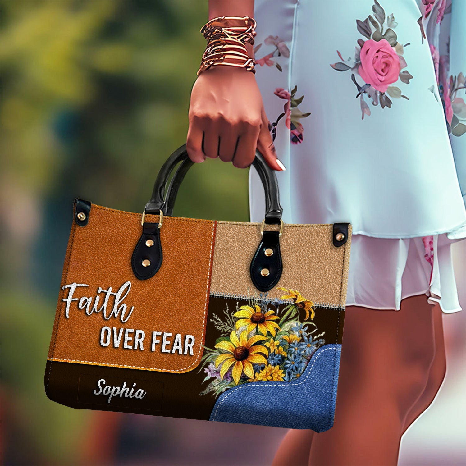 Faith Over Fear Personalized Sunflower Leather Handbag Religious Gift Christian Gifts For Women