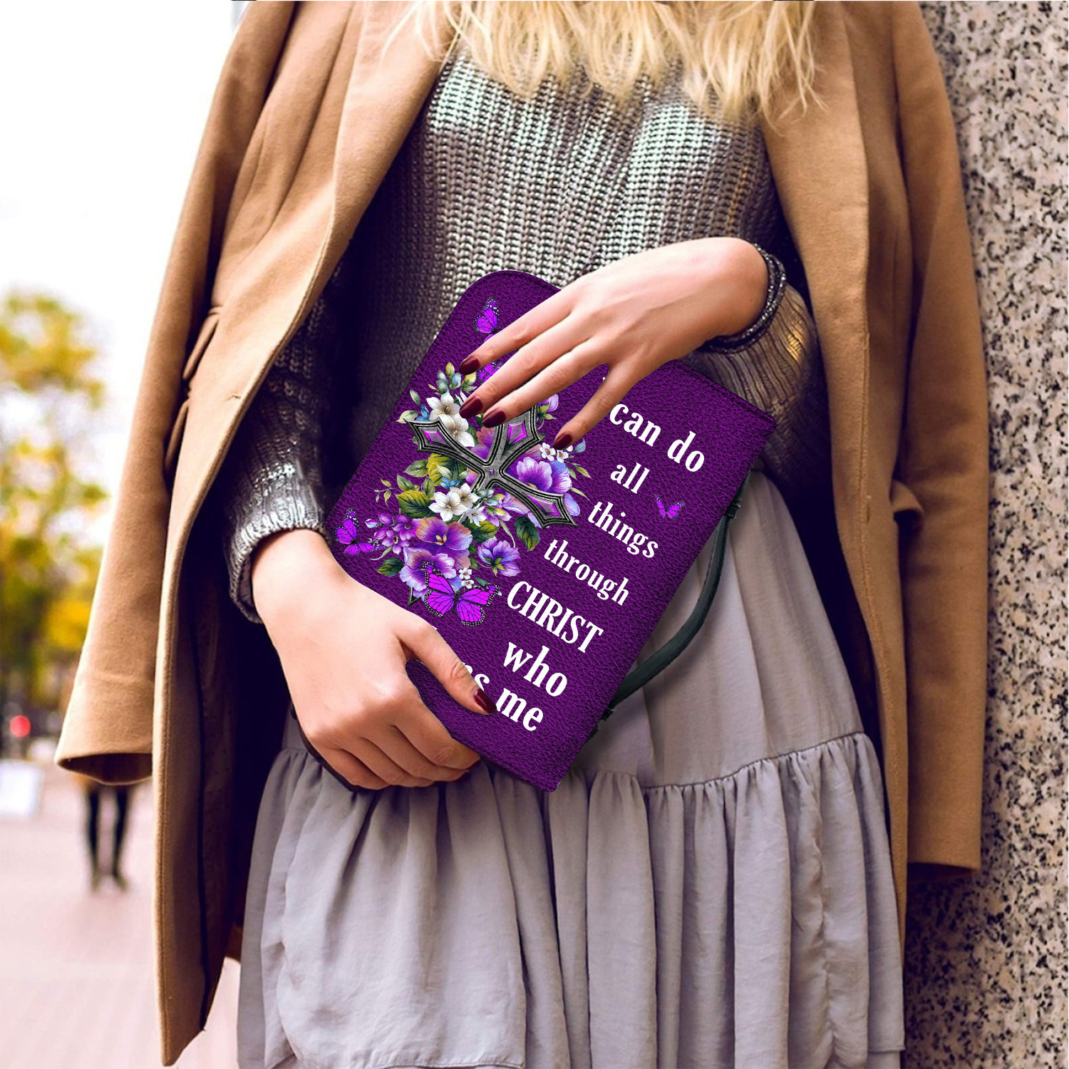 Purple Flower Cross I Can Do All Things Through Christ Christian Personalized Bible Cover