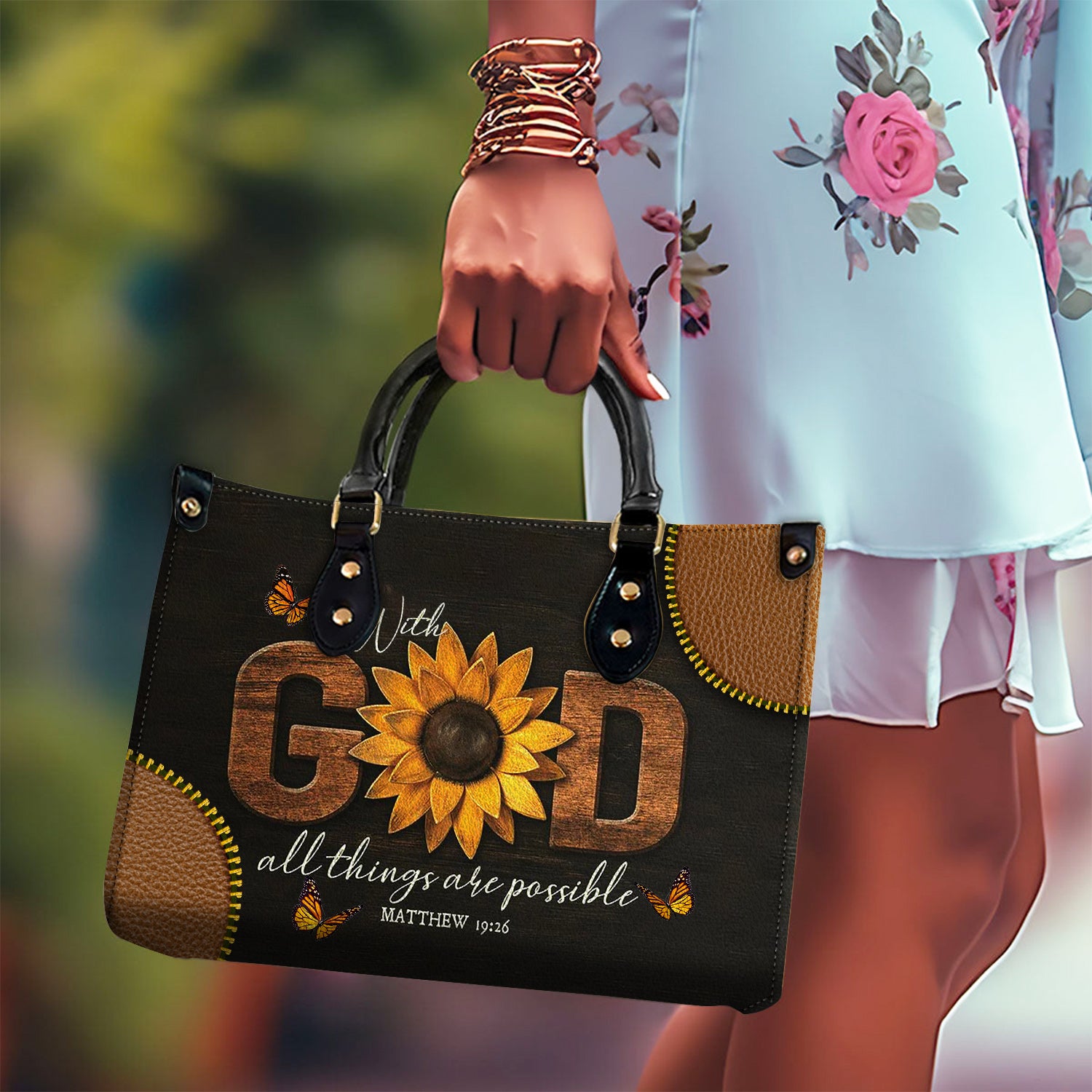 Sunflower All Things Are Possible Zippered Leather Handbag With Handle Christian Gift Religious Gift For Women