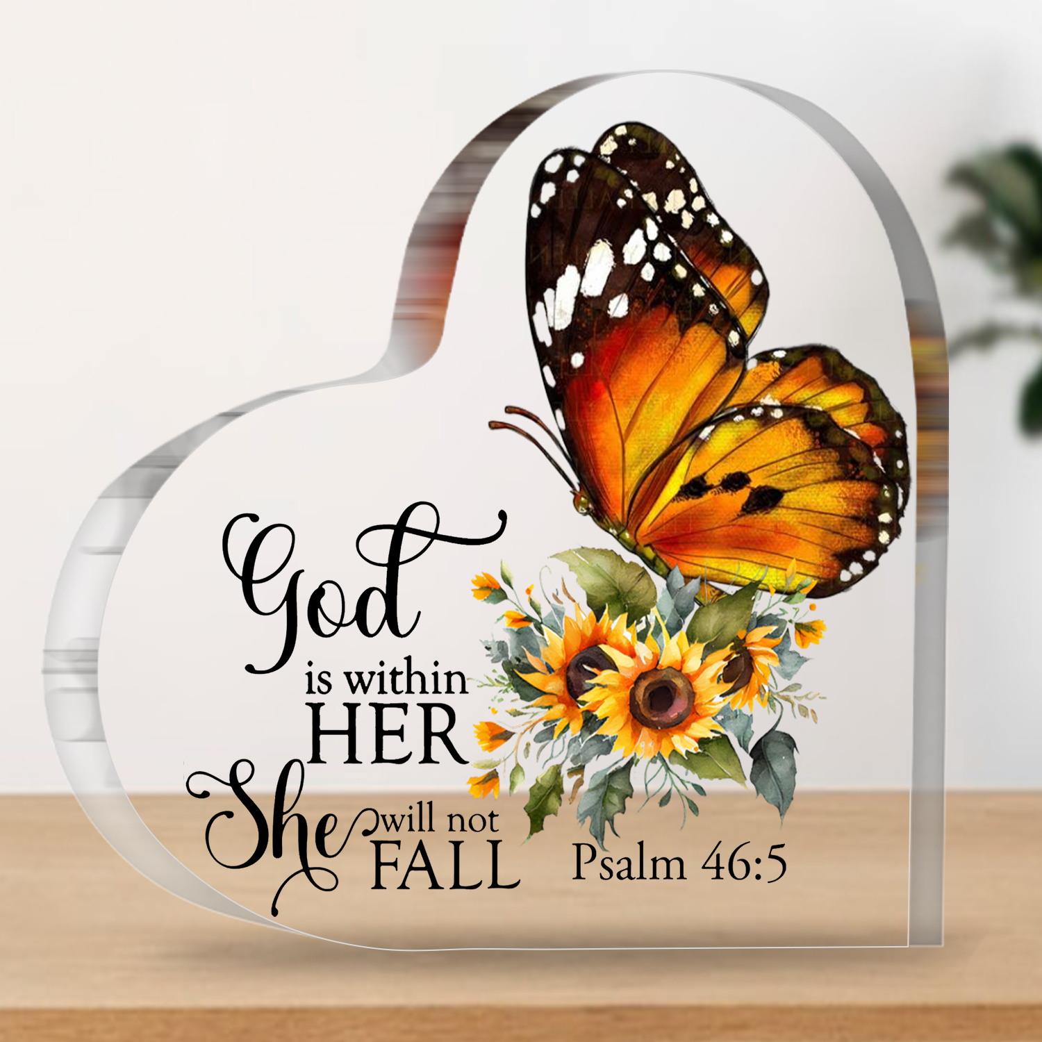 She Will Not Fall Butterfly Heart Shaped Acrylic Plaque Christian Gifts Religious Gifts Inspirational Gifts with Bible Verse Prayers