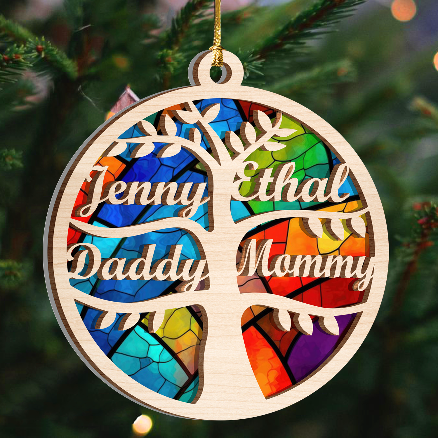 Family Tree Custom 2 Layers Stained Glass Suncatcher Christmas Car Hanging Wooden Ornament