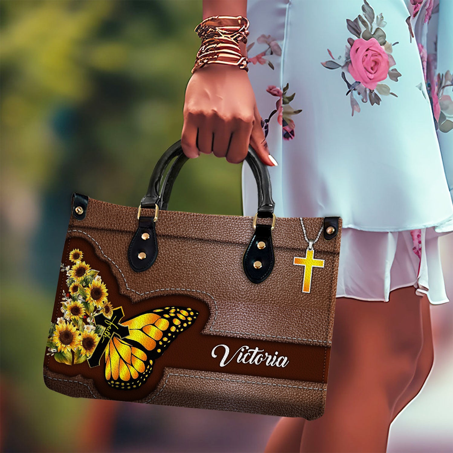 Sunflower Butterfly Personalized Leather Handbag With Handle Religious Gifts For Christian Women