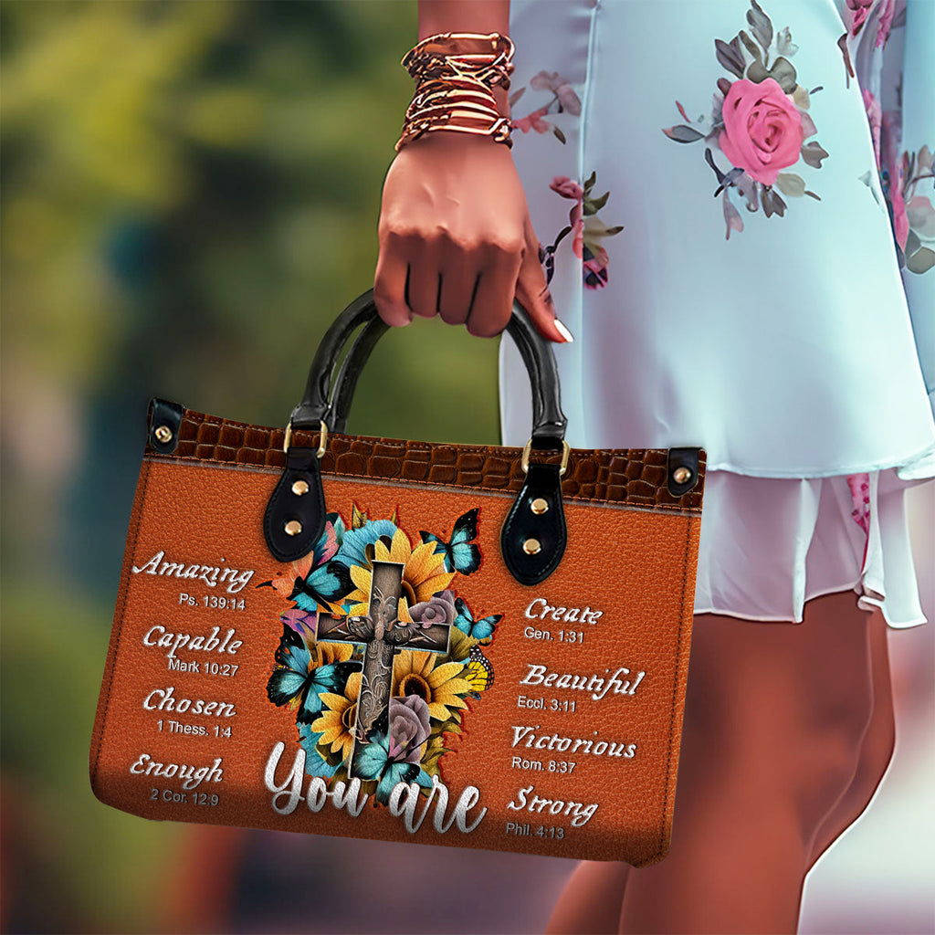 Vintage Sunflower Cross Butterfly You Are Leather Handbag