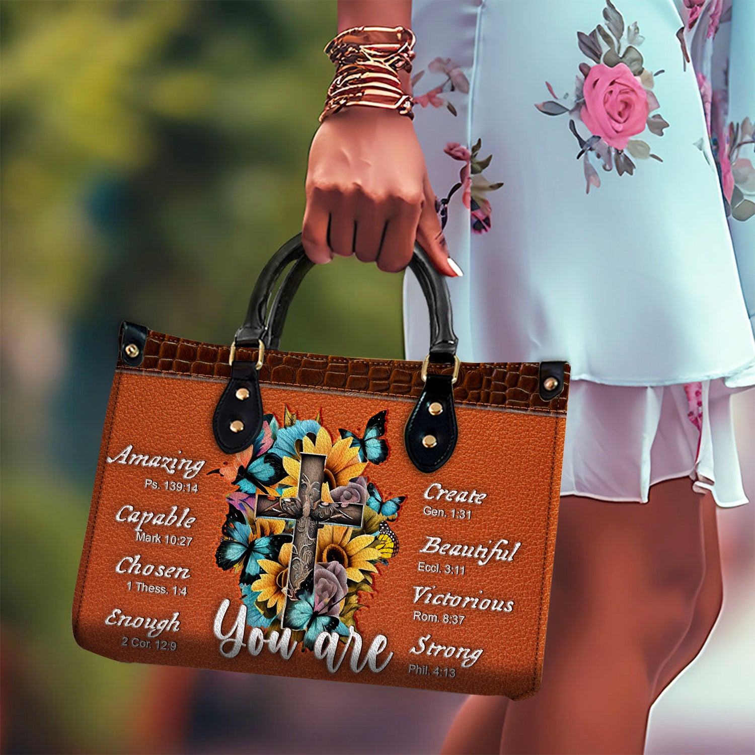 Vintage Sunflower Cross Butterfly You Are Leather Handbag
