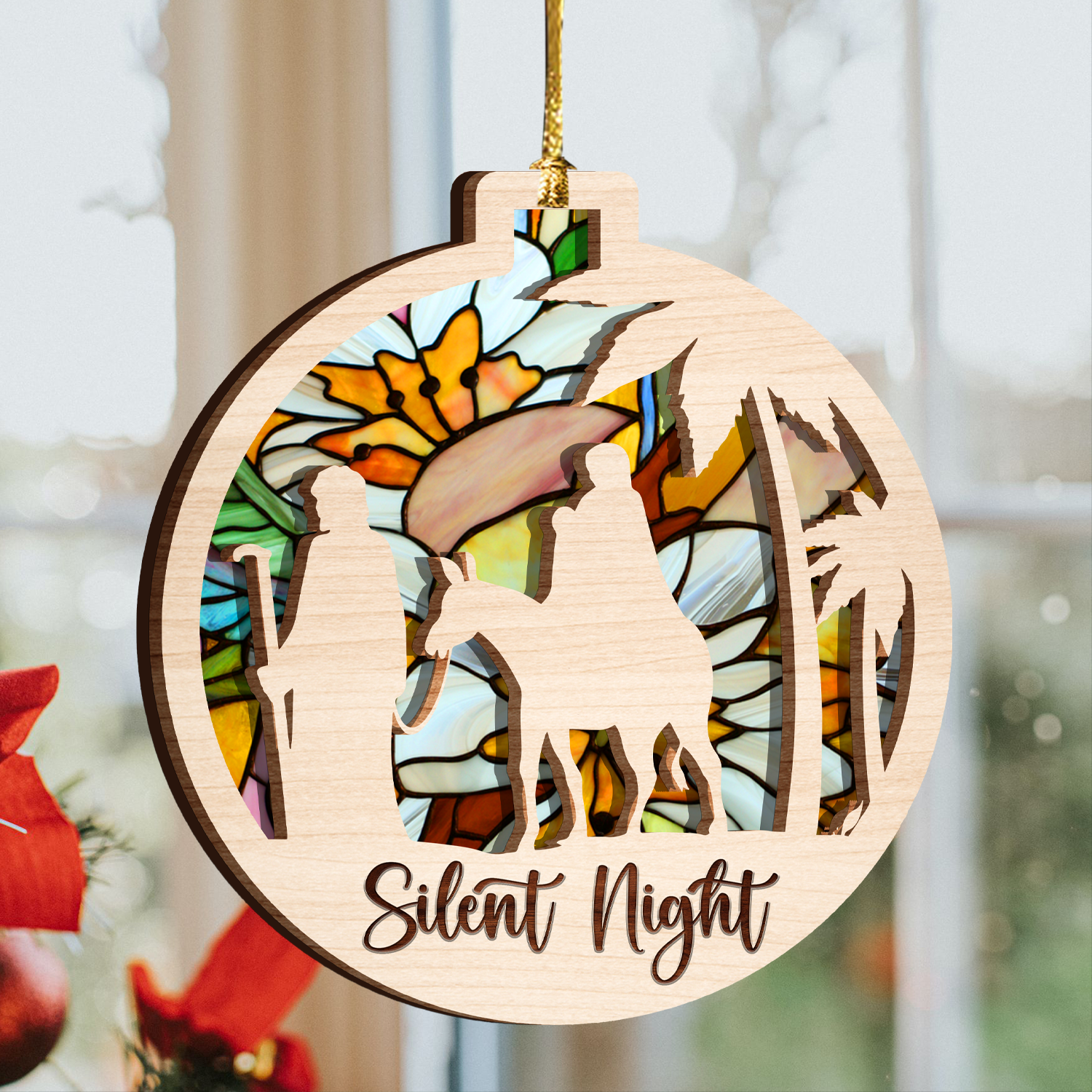 Christmas Silent Night Stained Glass Two Layers Suncatcher Ornament Christmas Ornament Car Hanging Ornament