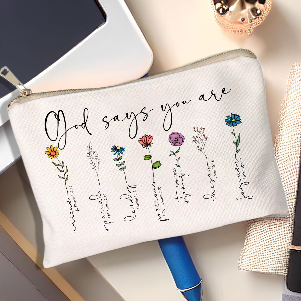 You Are Cosmetic Bag, Christian Makeup Bag Bible Verse Floral Bible Verse Makeup Case for Women, Inspirational Cosmetic Bag, Sister Gifts