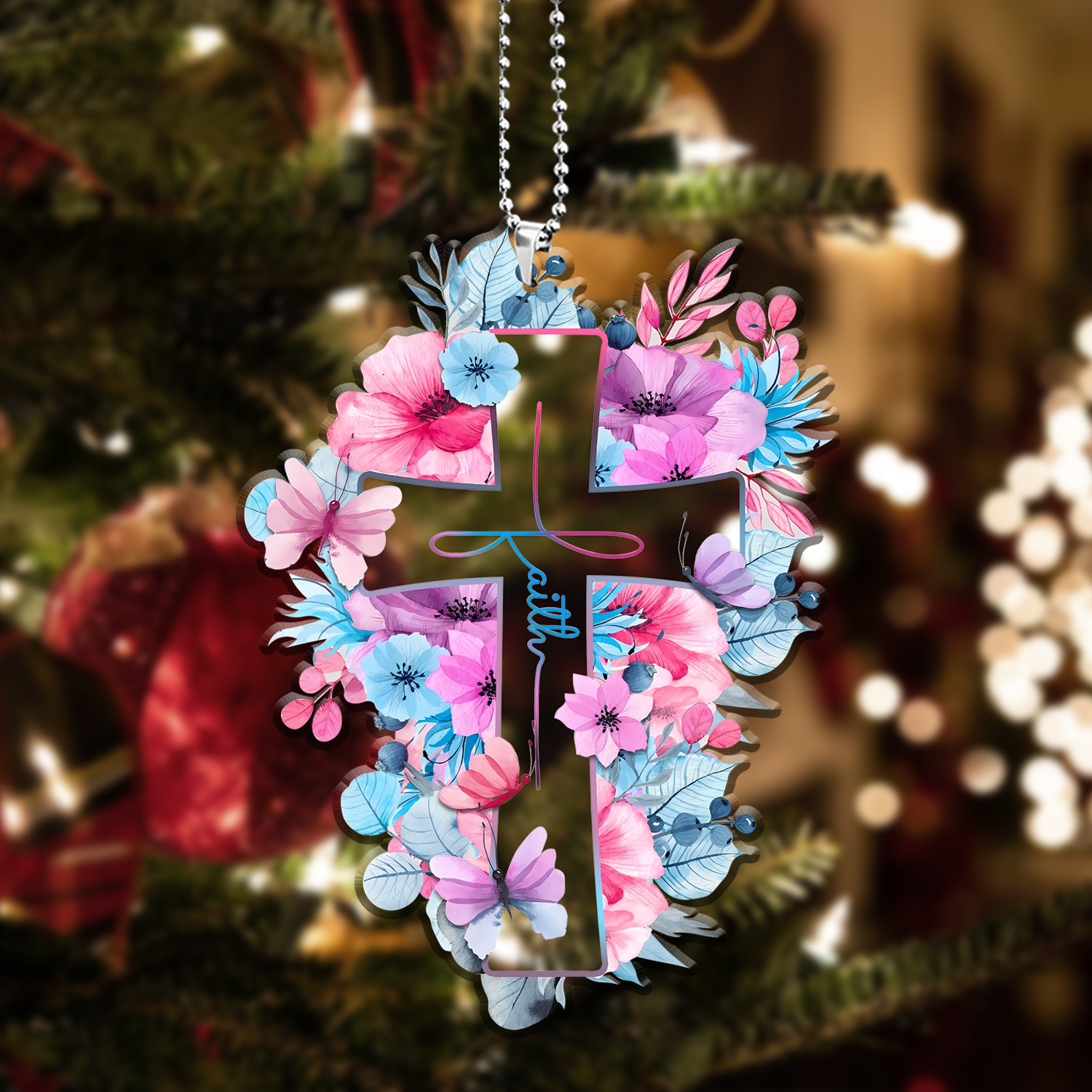 Pink Blue Floral Cross Faith Transparent Ornament