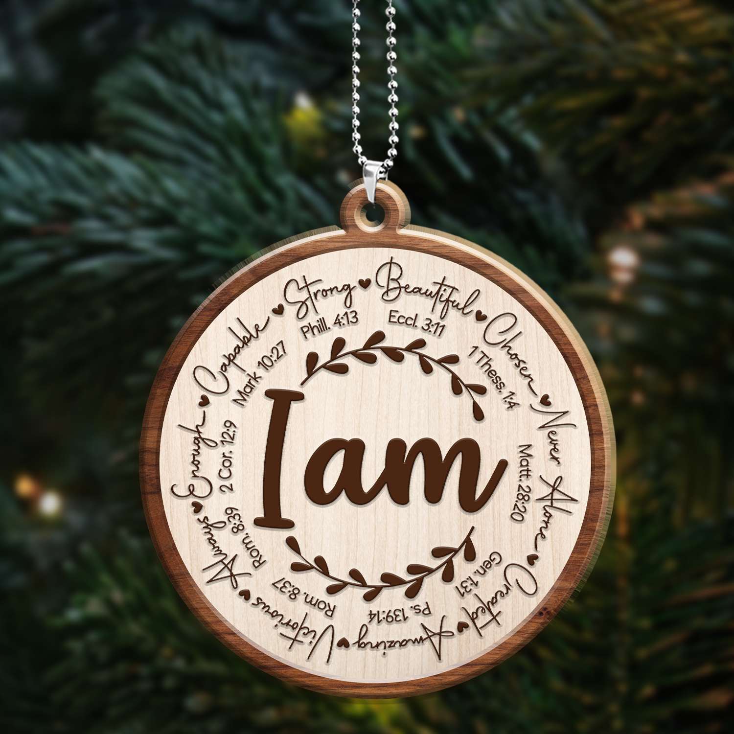 Engraved Wood Ornament I Am Identity In Christ Circle Leaf Vintage Ornament