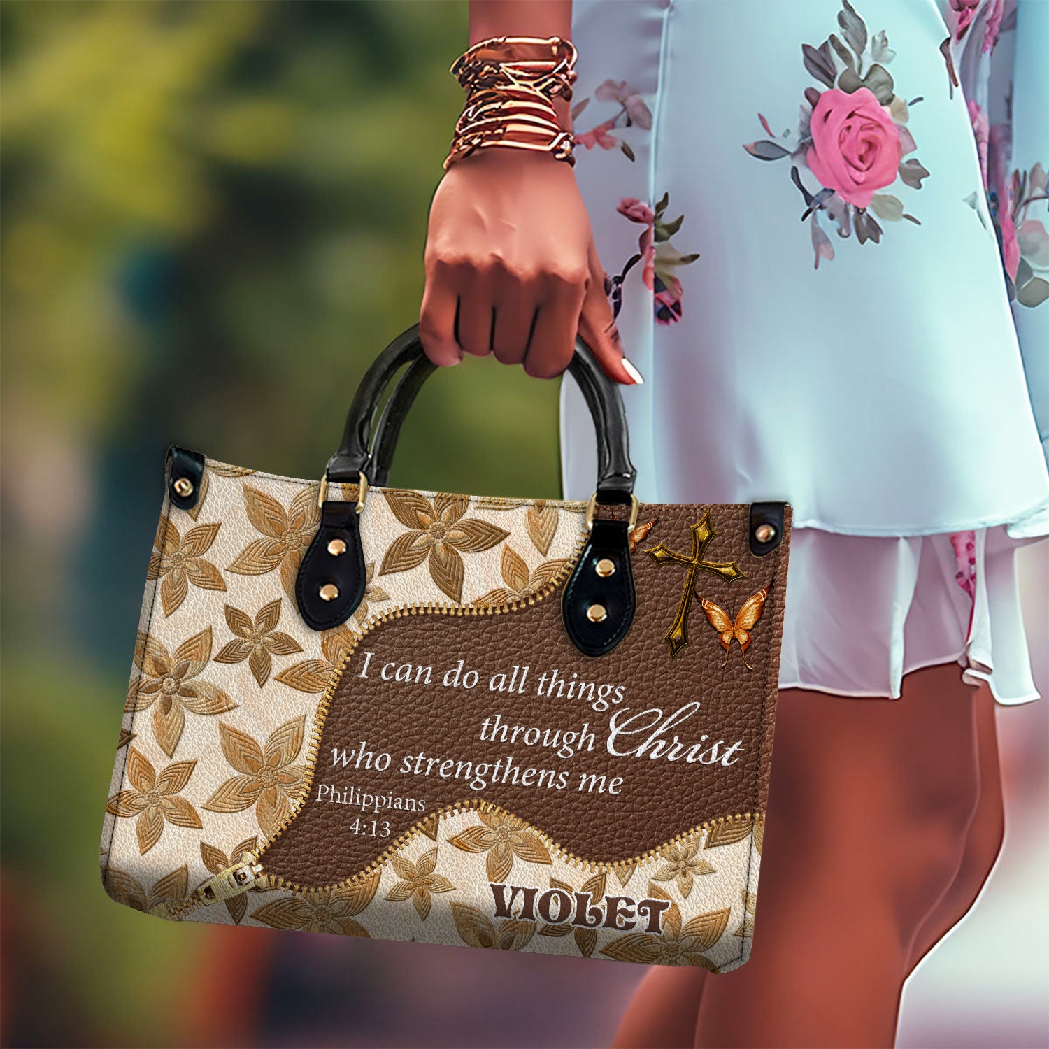 I can do all things Personalized Zippered Leather Handbag With Handle Christian Gift Religious Gift For Women