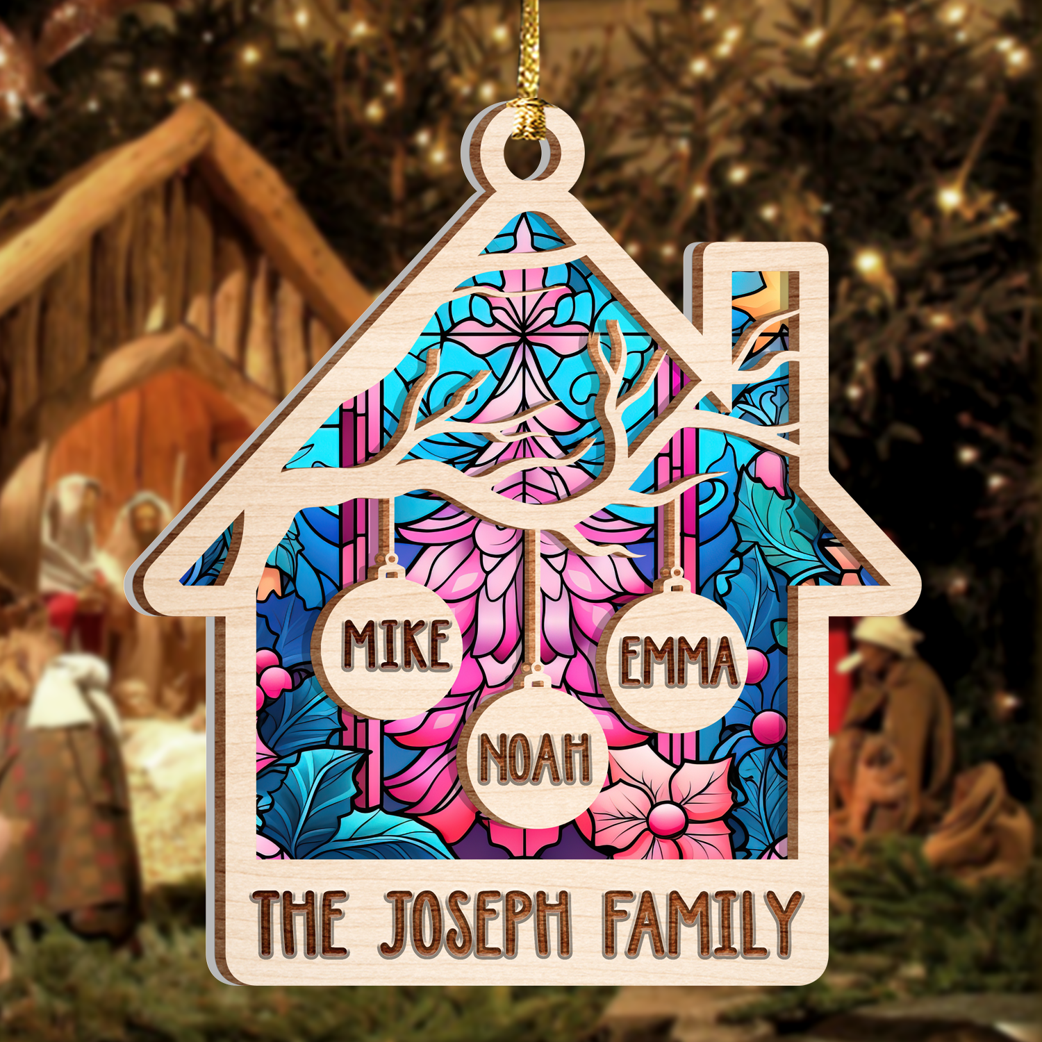 Home Family Christmas Tree Custom 2 Layers Stained Glass Suncatcher Christmas Car Hanging Wooden Ornament