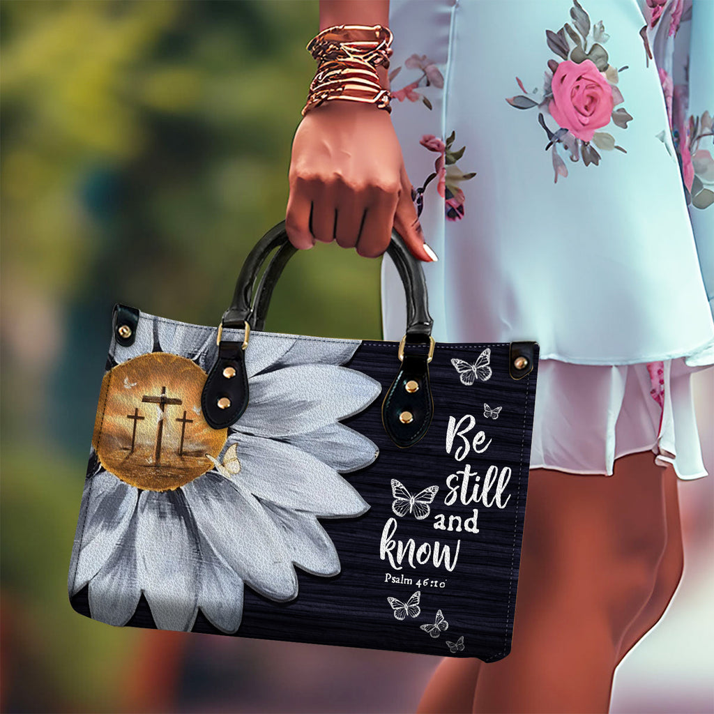 Daisy Flower Be Still and Know Personalized Leather Handbag With Handle Christian Gift Religious Gift For Women