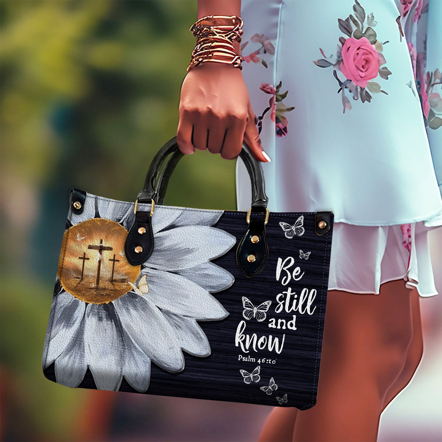 Daisy Flower Be Still and Know Personalized Leather Handbag With Handle Christian Gift Religious Gift For Women