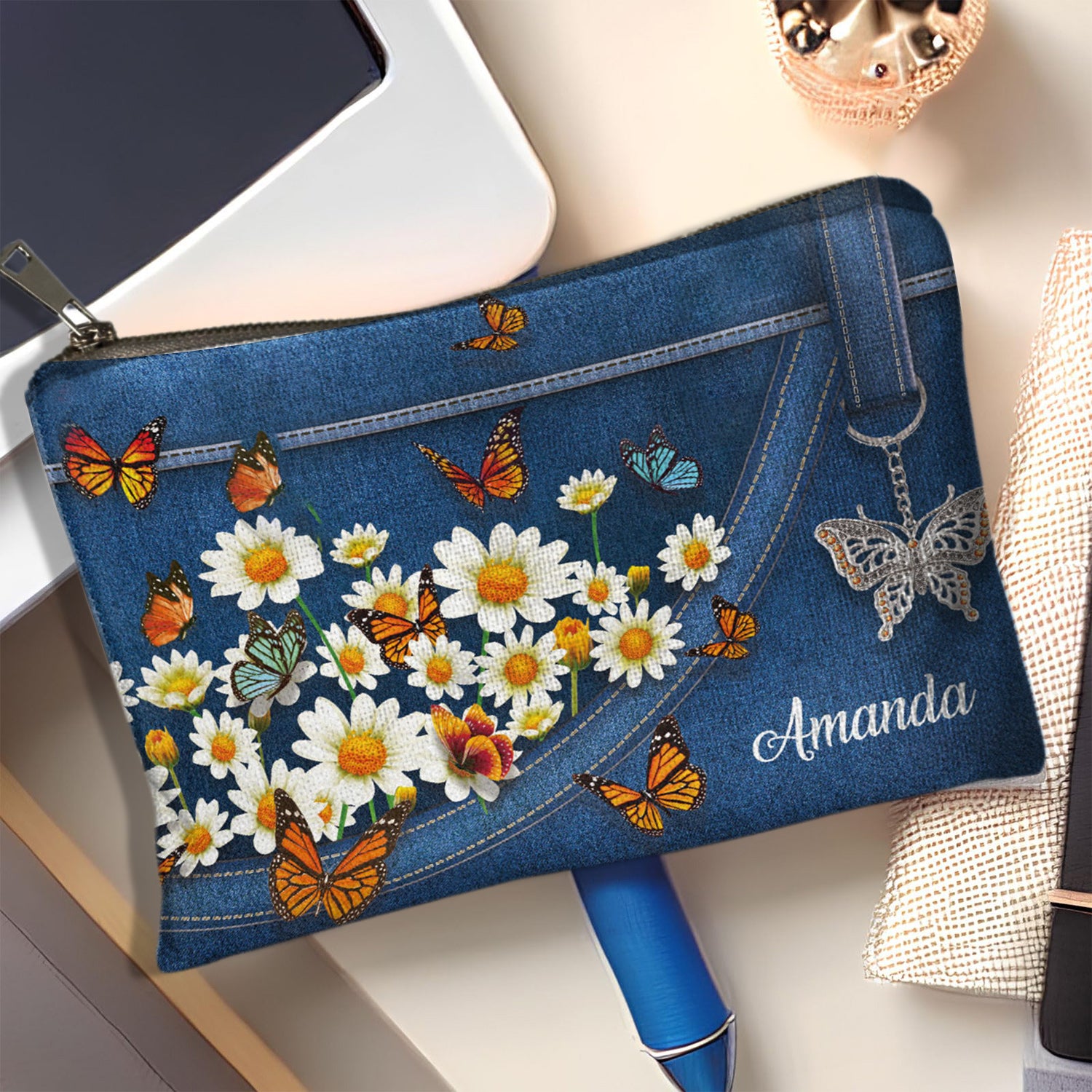 Lovely Daisy And Butterfly Personalized Cosmetic Bag Gifts For Women Birthday Mothers Day Gifts For Mom Sister Friend Friendship