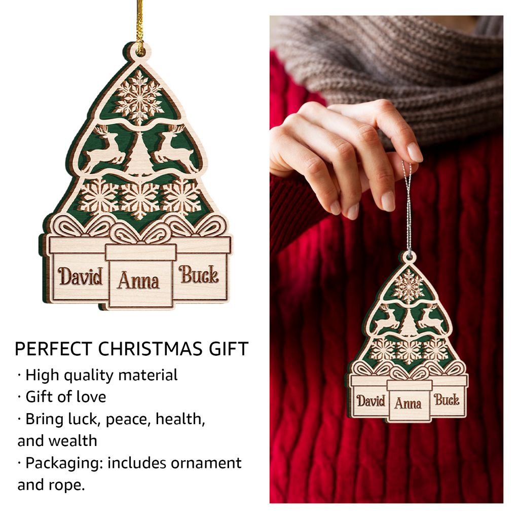 Green Wood Christmas Pine Gift Family Custom Ornament 2 Wooden Layers Christmas Hanging Gift