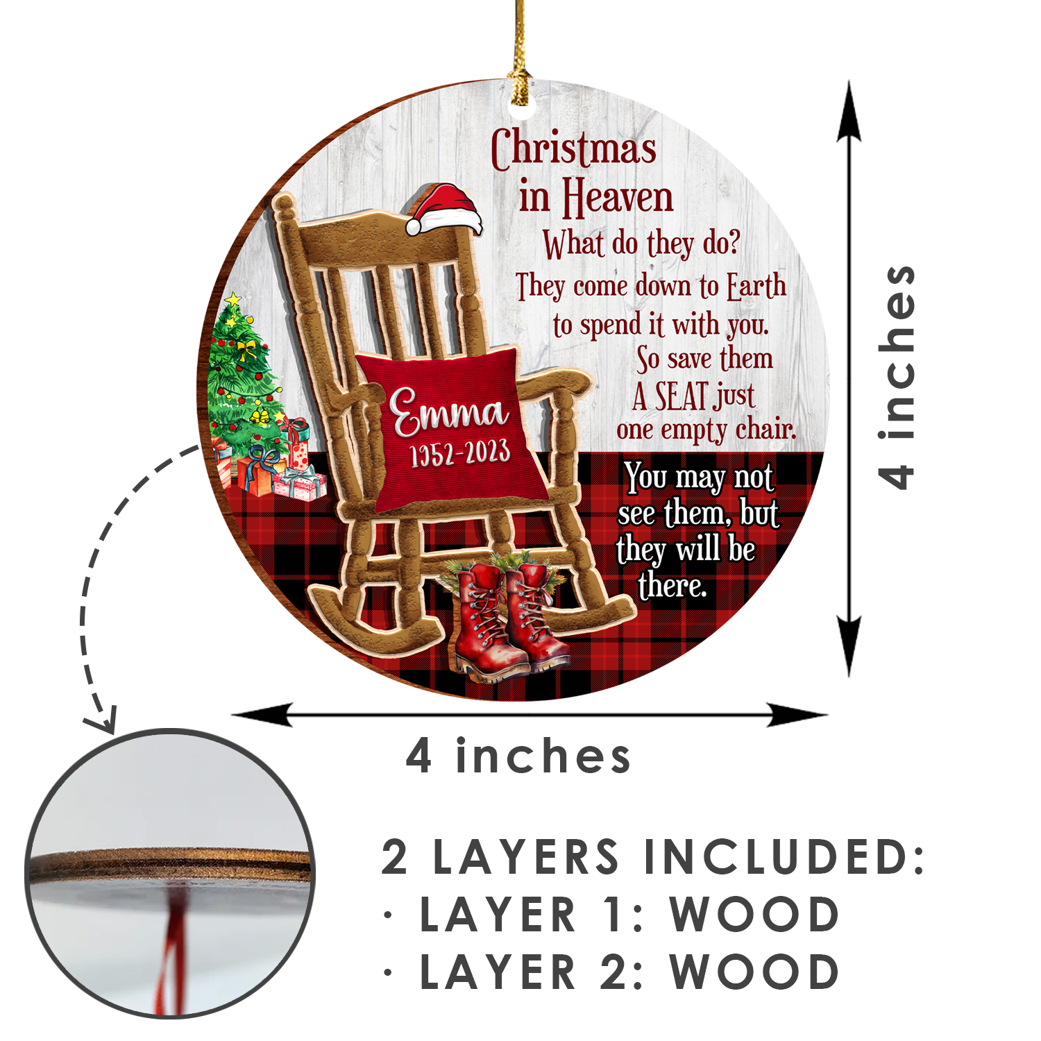 Christmas In Heaven Rocking Chair Custom Ornament 2 Layers Christmas Car Hanging Wooden Ornament