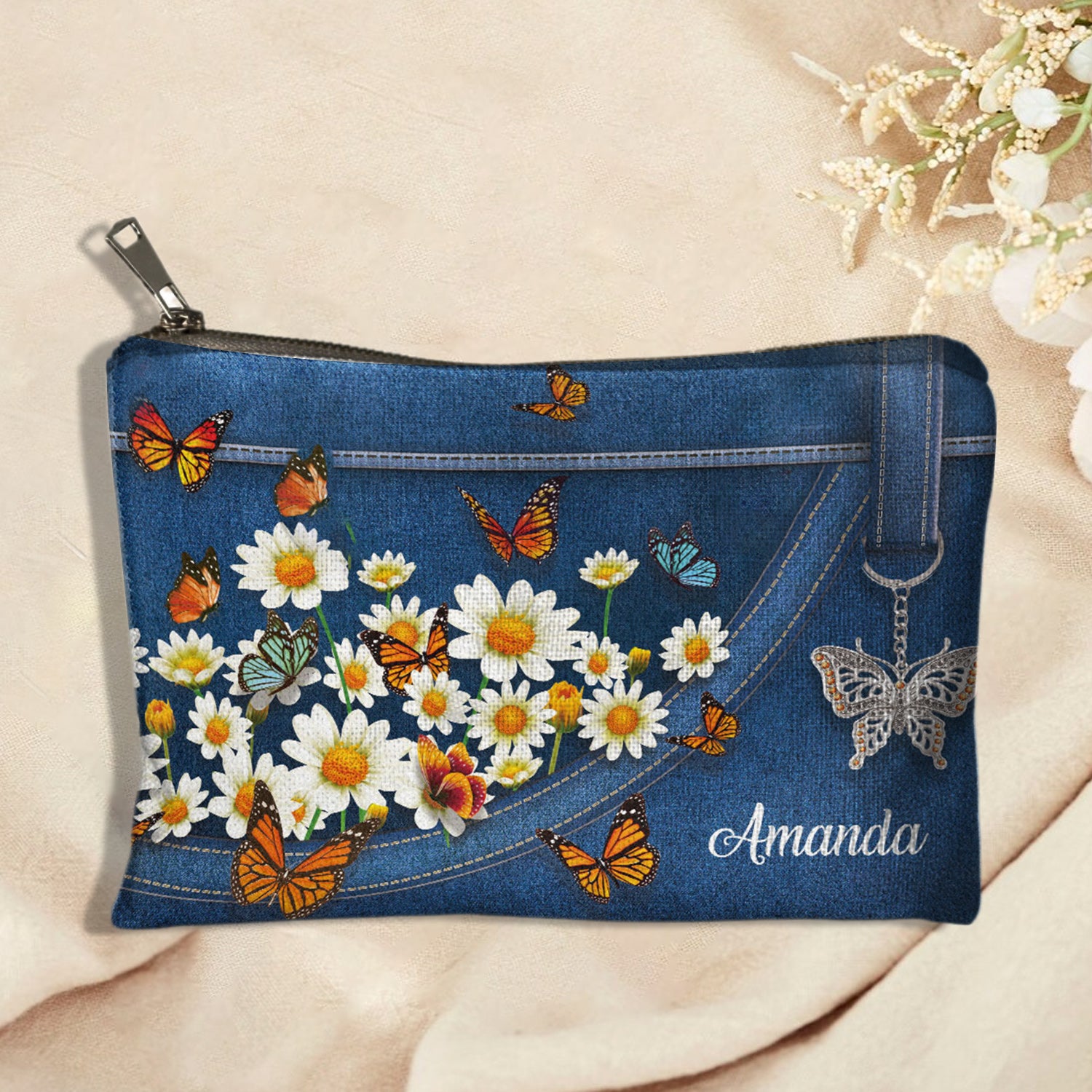 Lovely Daisy And Butterfly Personalized Cosmetic Bag Gifts For Women Birthday Mothers Day Gifts For Mom Sister Friend Friendship