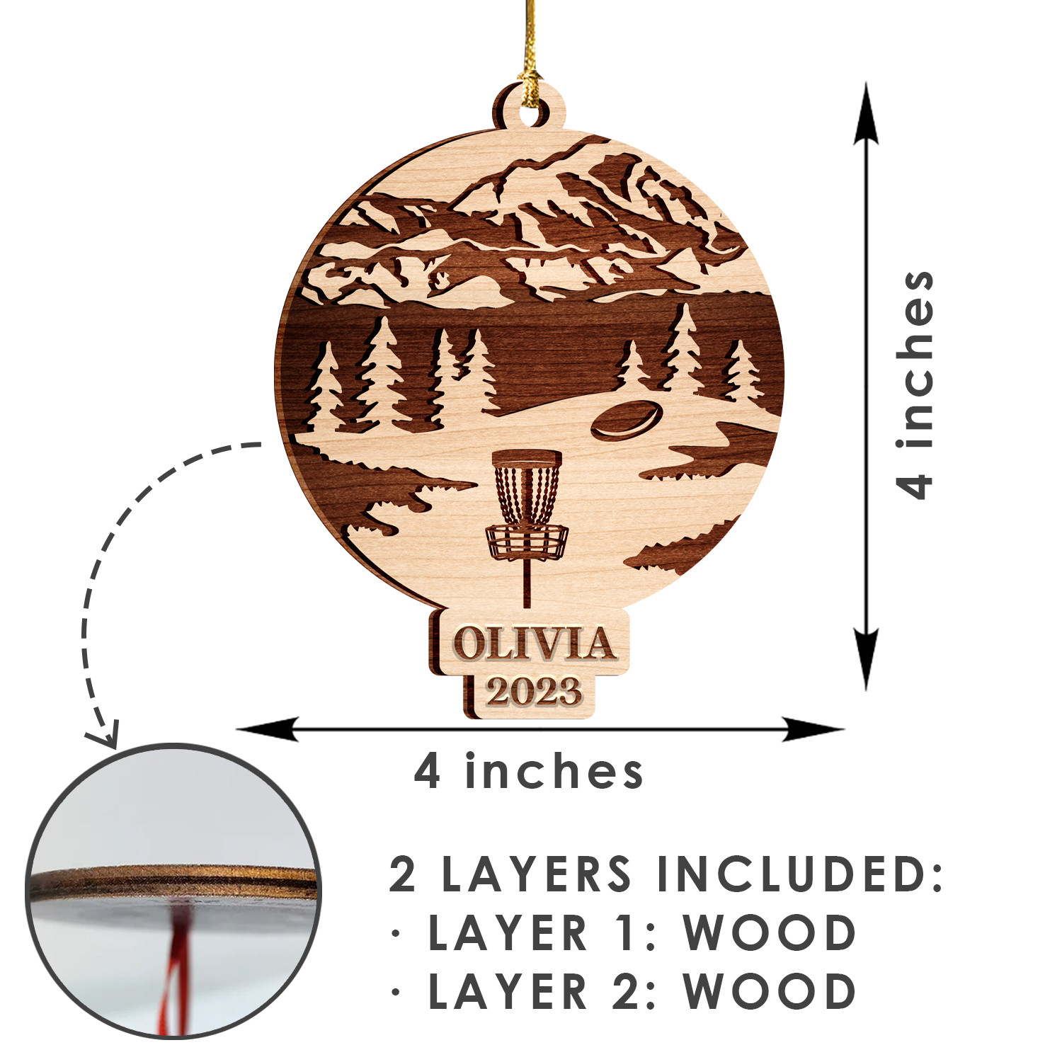 Disc Golf Custom Ornament 2 Layers Christmas Car Hanging Wooden Ornament