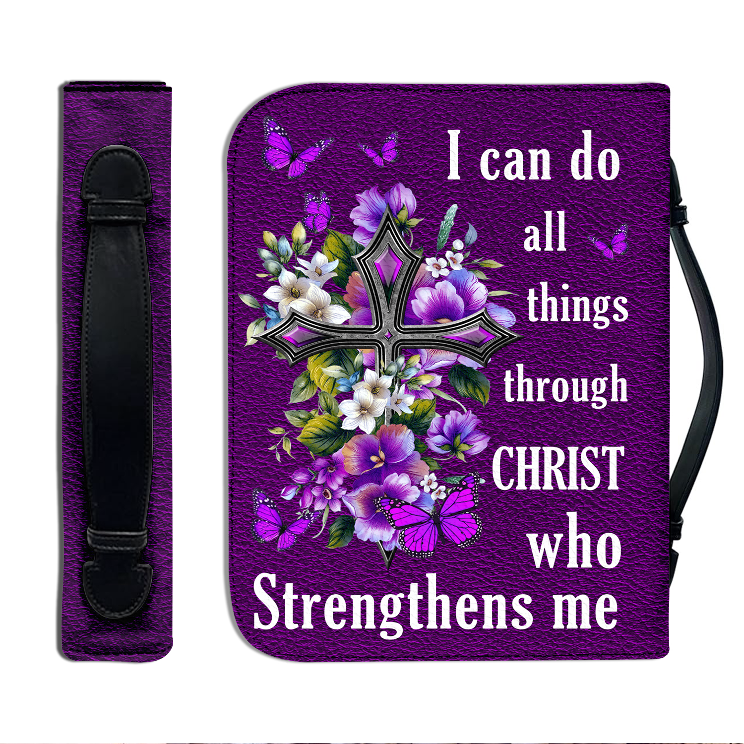 Purple Flower Cross I Can Do All Things Through Christ Christian Personalized Bible Cover