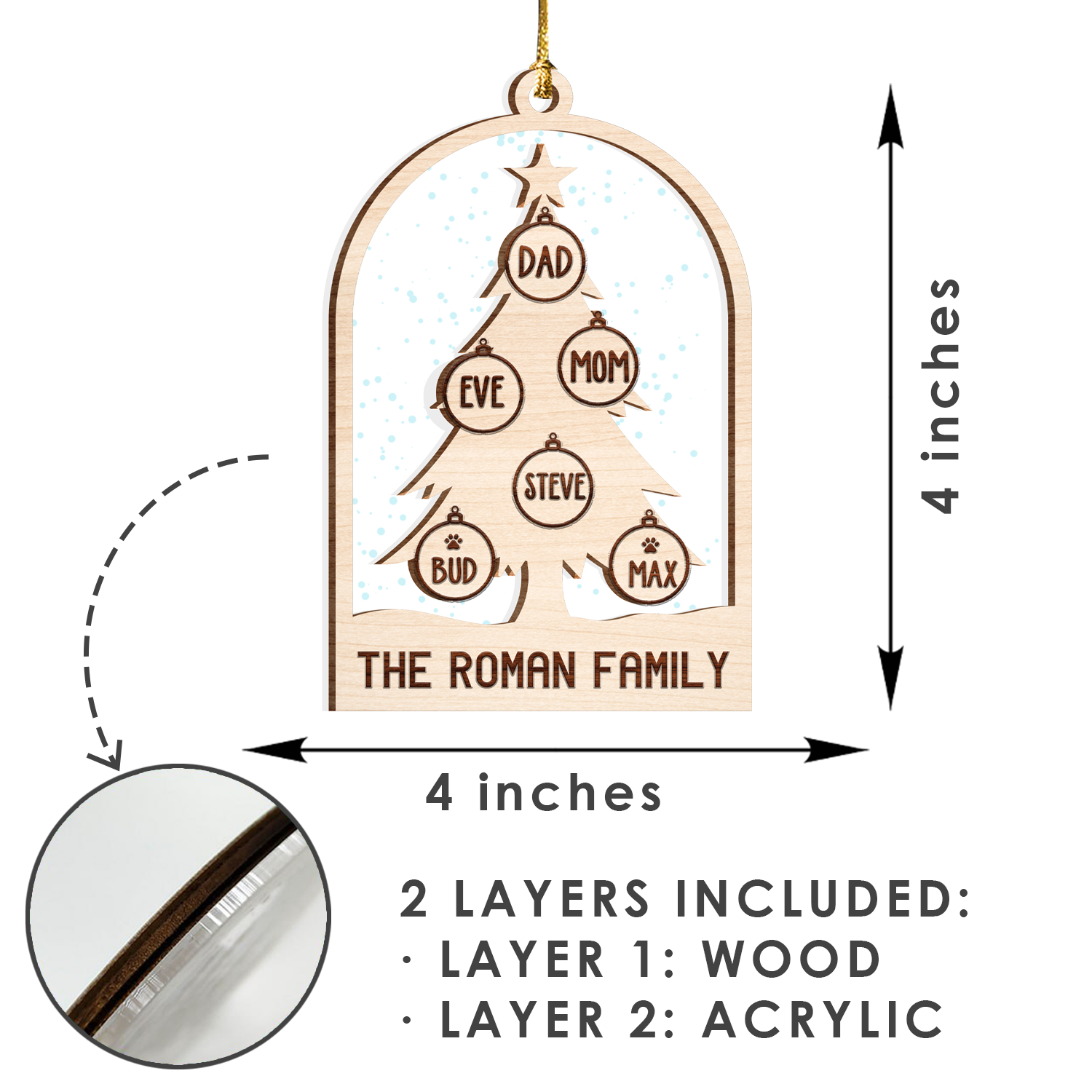 Snow Christmas Tree Family Custom 2 Layers Christmas Car Hanging Wooden Transparent Acrylic Ornament