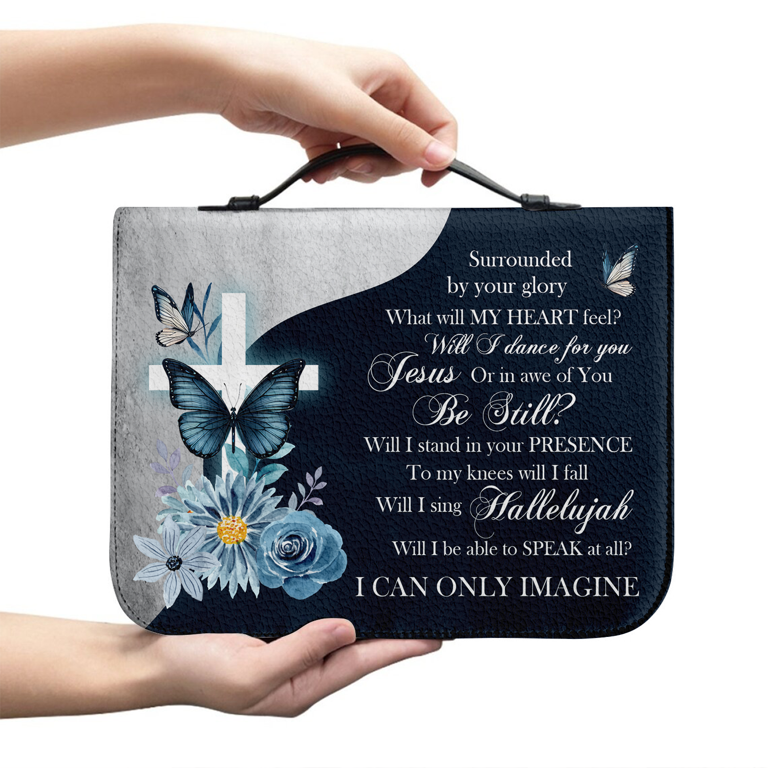 Blue Flower Cross Butterfly Surrounded By Your Glory Christian Personalized Bible Cover