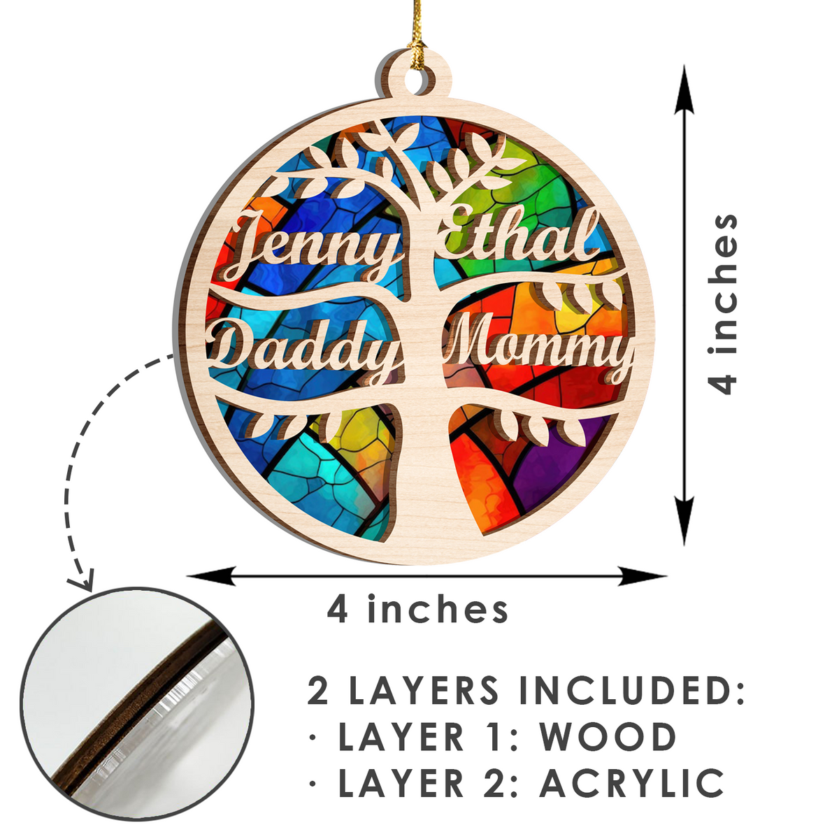 Family Tree Custom 2 Layers Stained Glass Suncatcher Christmas Car Hanging Wooden Ornament