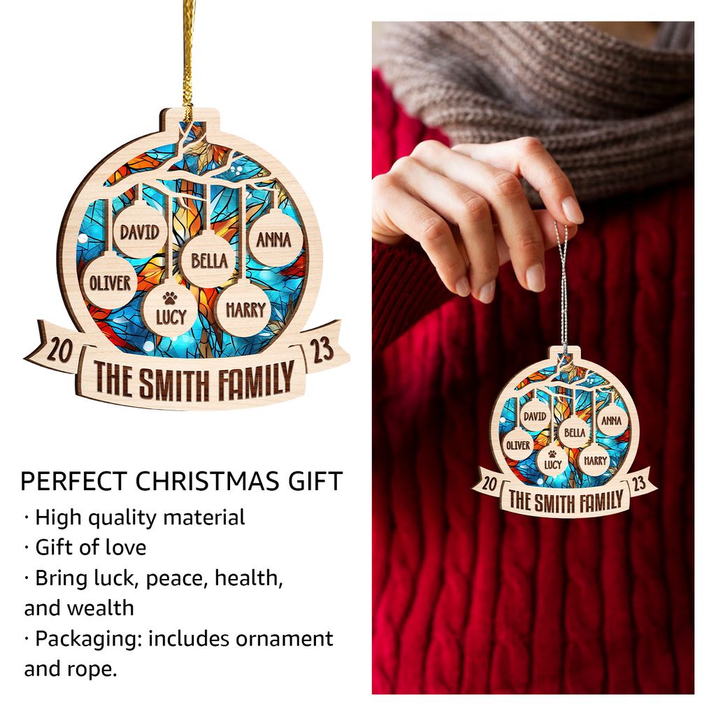 Christmas Family Tree Stained Glass Custom Two Layers Suncatcher Ornament Christmas Ornament Car Hanging Ornament