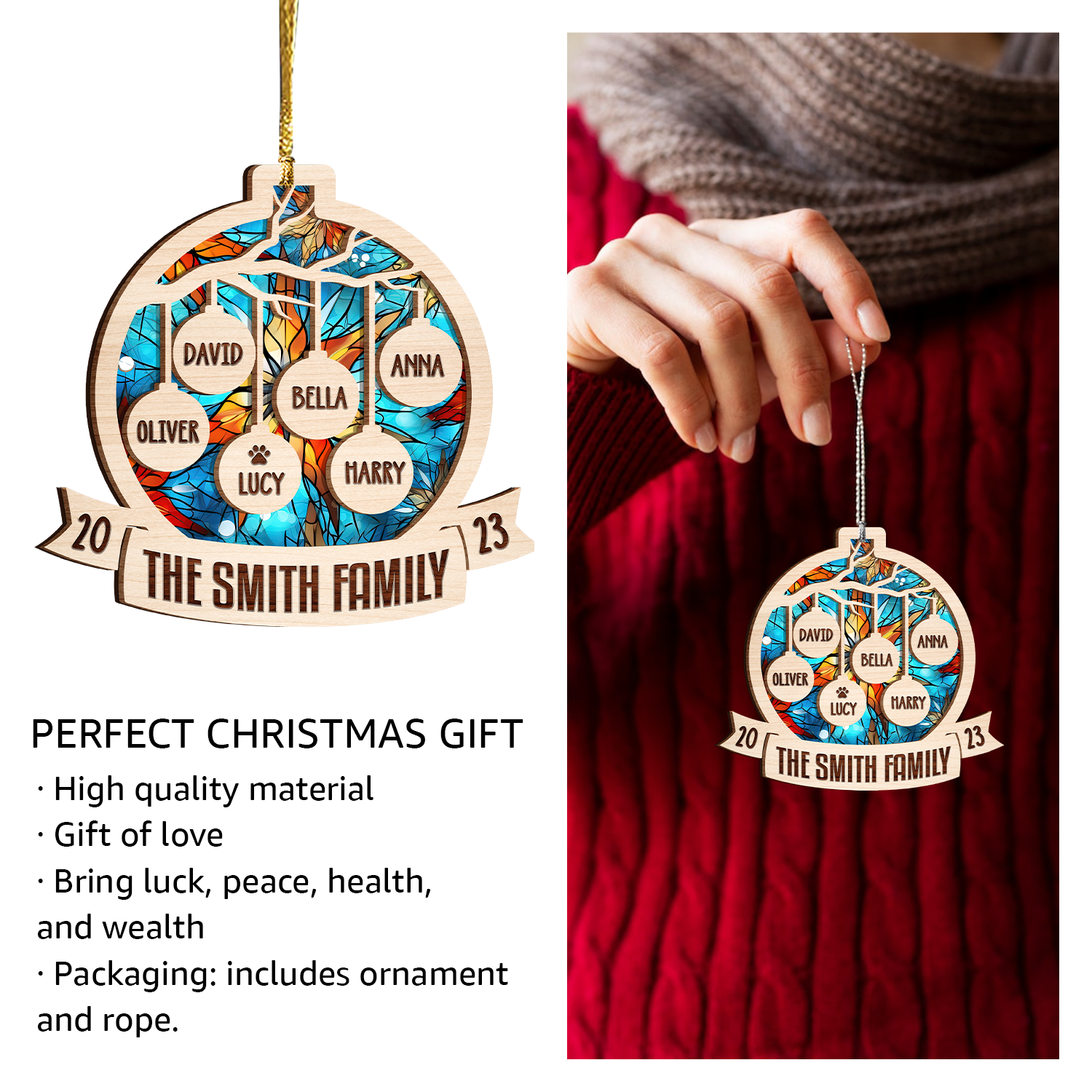 Christmas Family Stained Glass Custom Two Layers Suncatcher Ornament Christmas Ornament Car Hanging Ornament