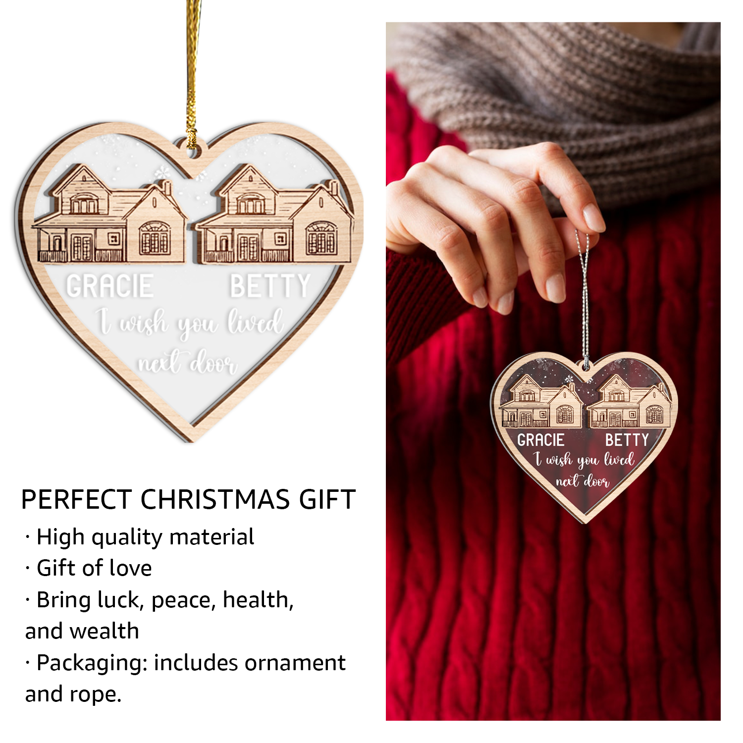 I Wish You Lived Next Door Custom 2 Layers Christmas Car Hanging Wooden Transparent Acrylic Ornament