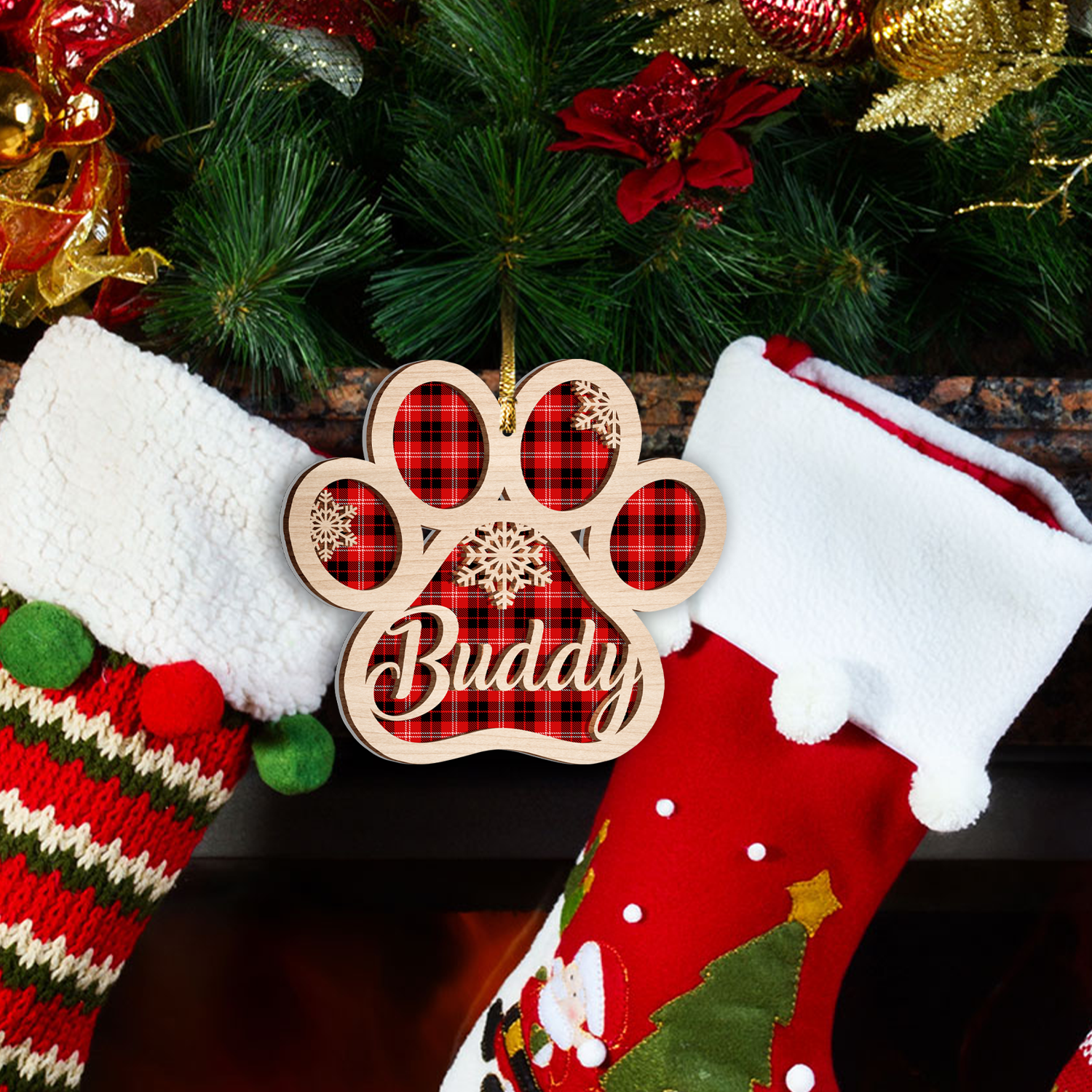 Dog Paw Christmas Red Tartan Two Layers Suncatcher Ornament Christmas Ornament Car Hanging