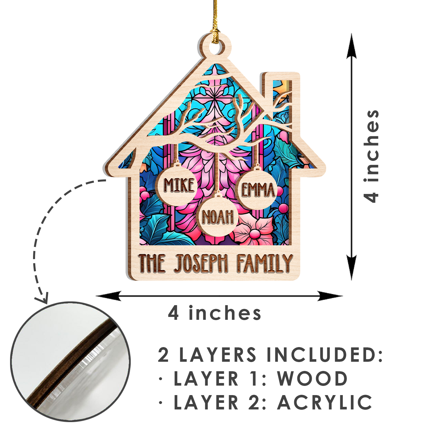Home Family Christmas Tree Custom 2 Layers Stained Glass Suncatcher Christmas Car Hanging Wooden Ornament