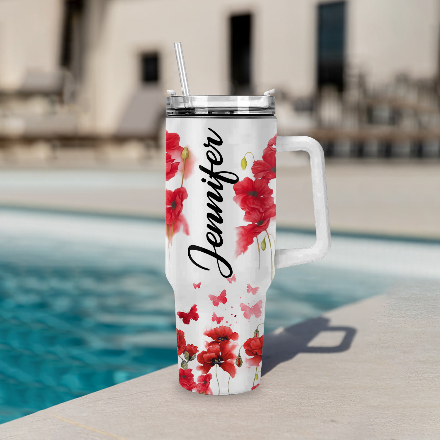 Poppy flower Old rugged cross - 40 Oz Tumbler With Handle - Personalized Stainless Steel Tumbler