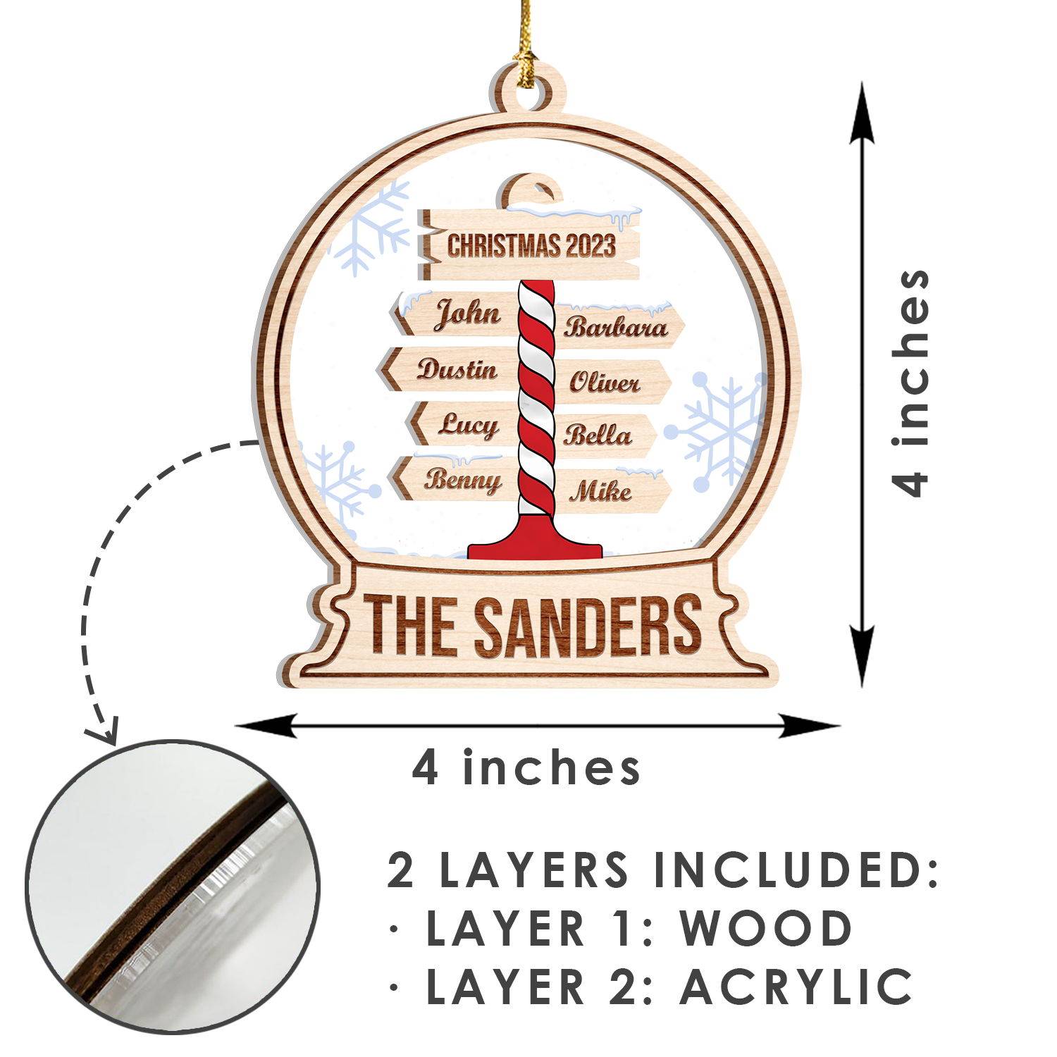 Magic Ball Snow Direction Sign Family Custom 2 Layers Christmas Car Hanging Wooden Transparent Acrylic Ornament
